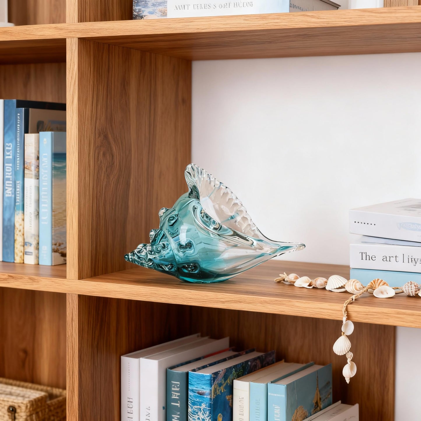 Hand-blown glass conch sculpture, modern green sea glass art decorative conch statue, coastal decor shell sculpture, suitable for living room TV cabinets, offices, shelf decorations and ornaments.