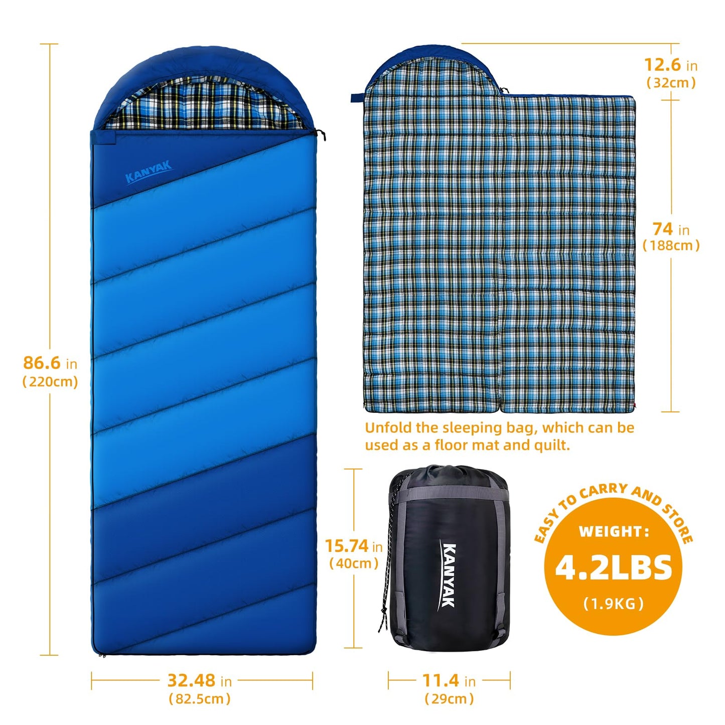 Blue Sleeping Bags for Adults Teens Cold Weather & Warm, 3 Seasons, Cotton Flannel Backpacking Sleeping Bag, Lightweight Compact Camping Essentials Equipment, Hiking, Outdoor, Travel(Double Blue-1)