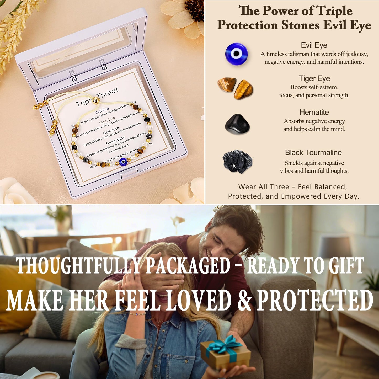 SmileBelle Triple Protection Bracelets for Women, Black Tourmaline Bracelets as Evil Eye Jewelry for Women Tigers Eye Bracelet for Crystal Jewelry Hematite Bracelet as Birthday Gifts