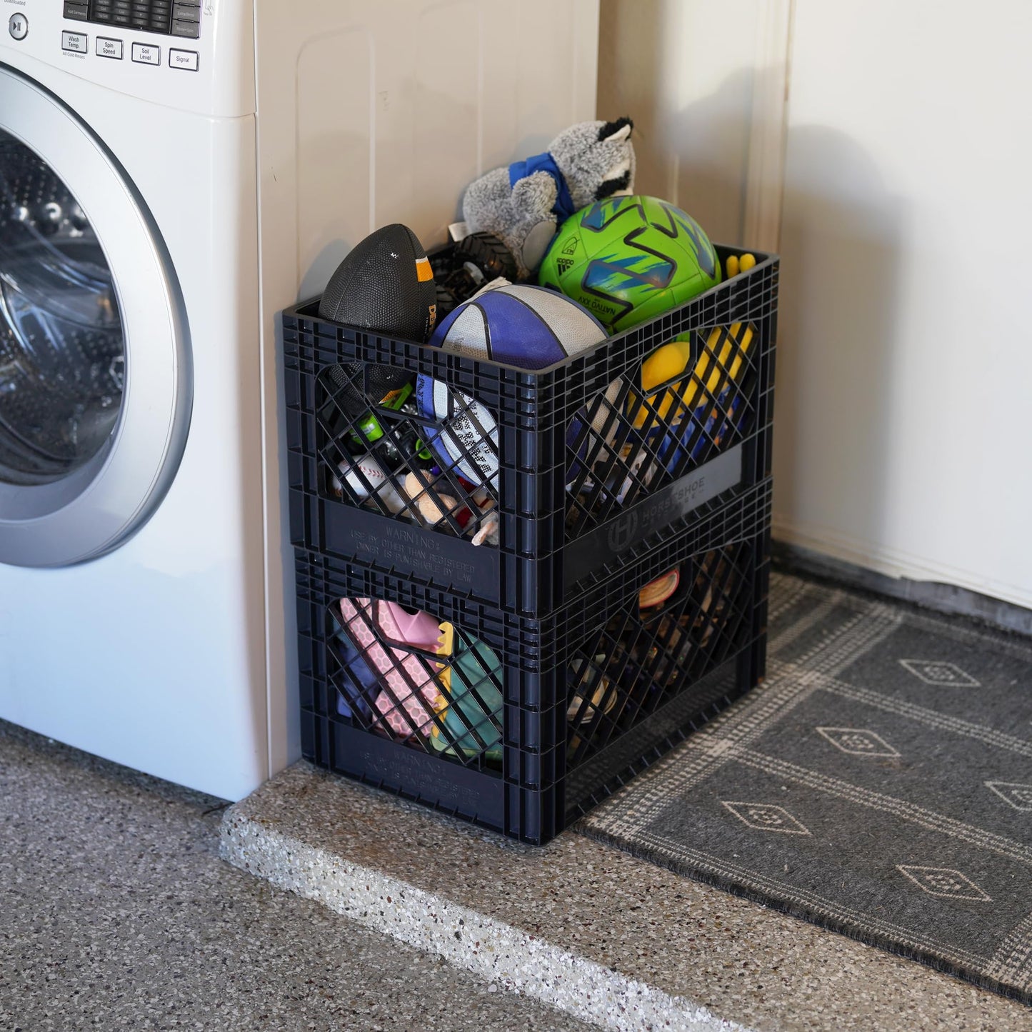 HORSESHOE STORAGE Stackable Milk Crates, 3 Pack, Kitchen Work Commercial Garage Totes, 24 Quart, Heavy Duty Plastic, Black, 19" L x 13" W 11" H