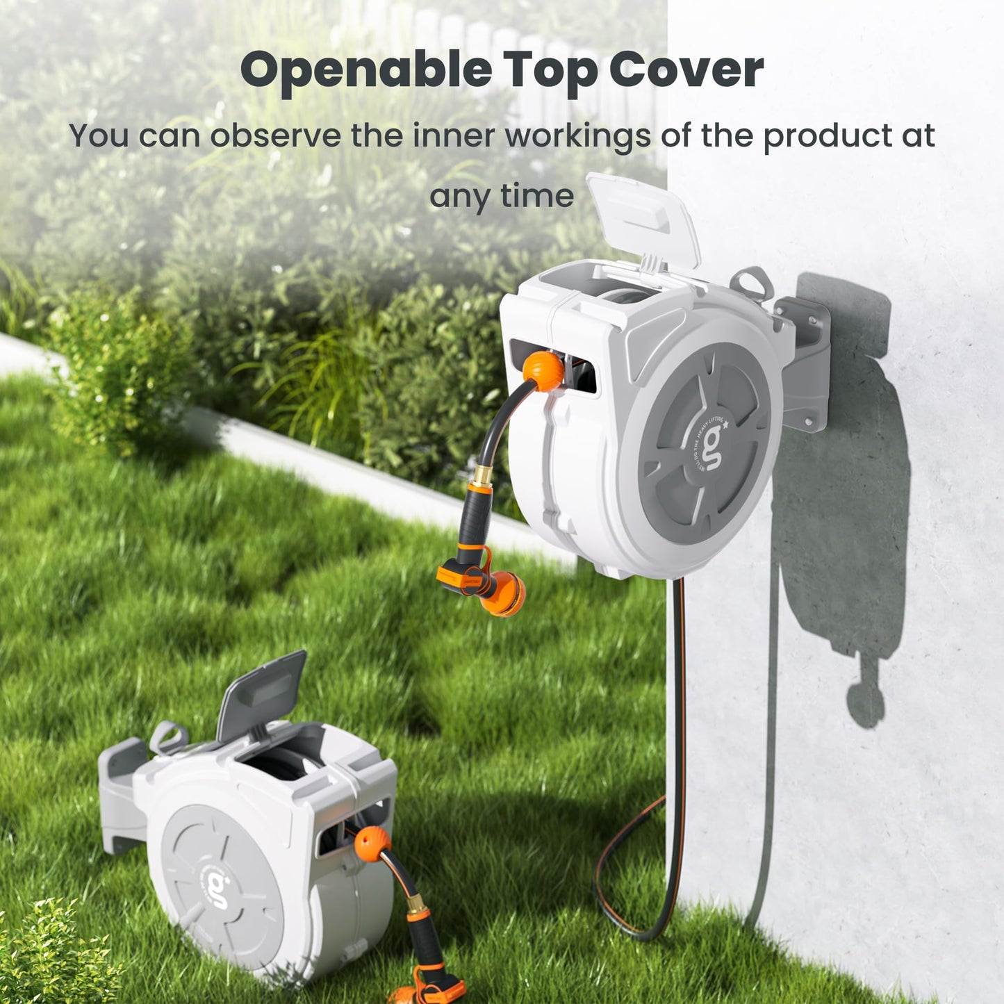 Giraffe Tools Retractable Hose Reel 1/2" x 65 ft Heavy Duty Water Hose Reel, Swivel Bracket, Any Length Lock, with 9-Function Sprayer Nozzle