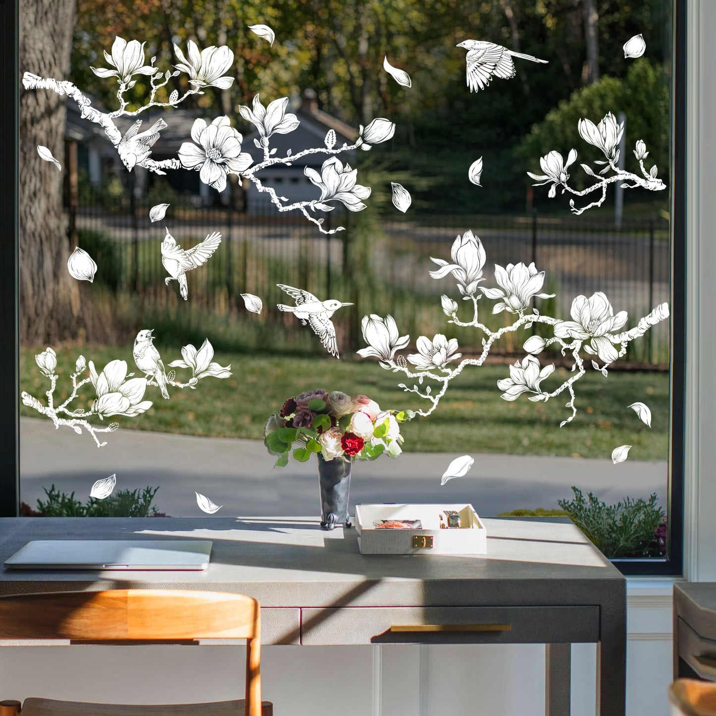 Supzone Magnolia Flower Tree Window Clings White Tree Branch Birds Window Decals Double-Sided Anti-Collision Static Stickers for Home Slide Glass Door Decoration