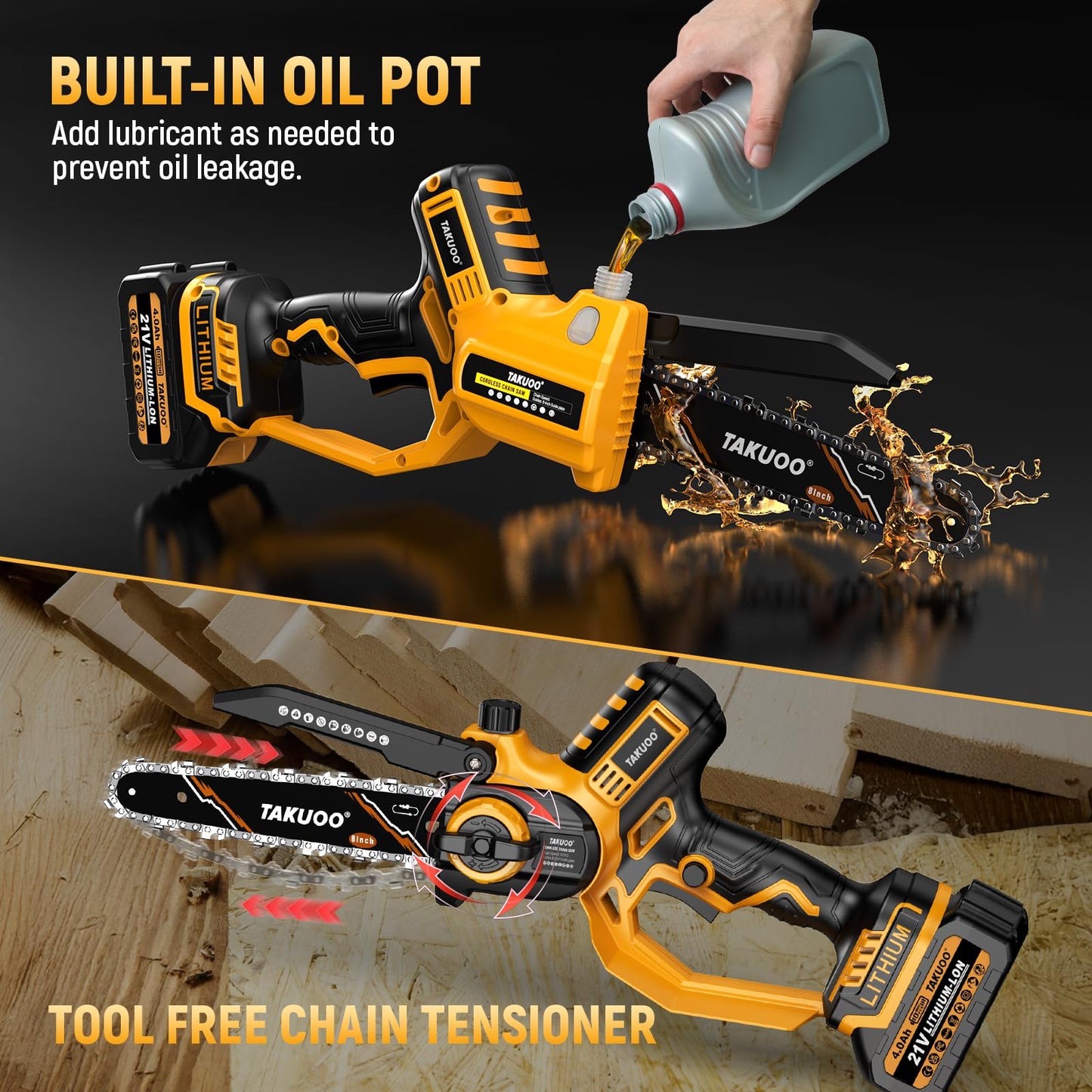 Takuoo 2-IN-1 8 Inch Electric Pole Saw, Mini Chainsaw Cordless with Extension Pole, 21V 2×4.0Ah Battery Powered Polesaw, 15FT Max Reach, Brushless Chain Saw for Limb Branch Cutter Tree Trimming