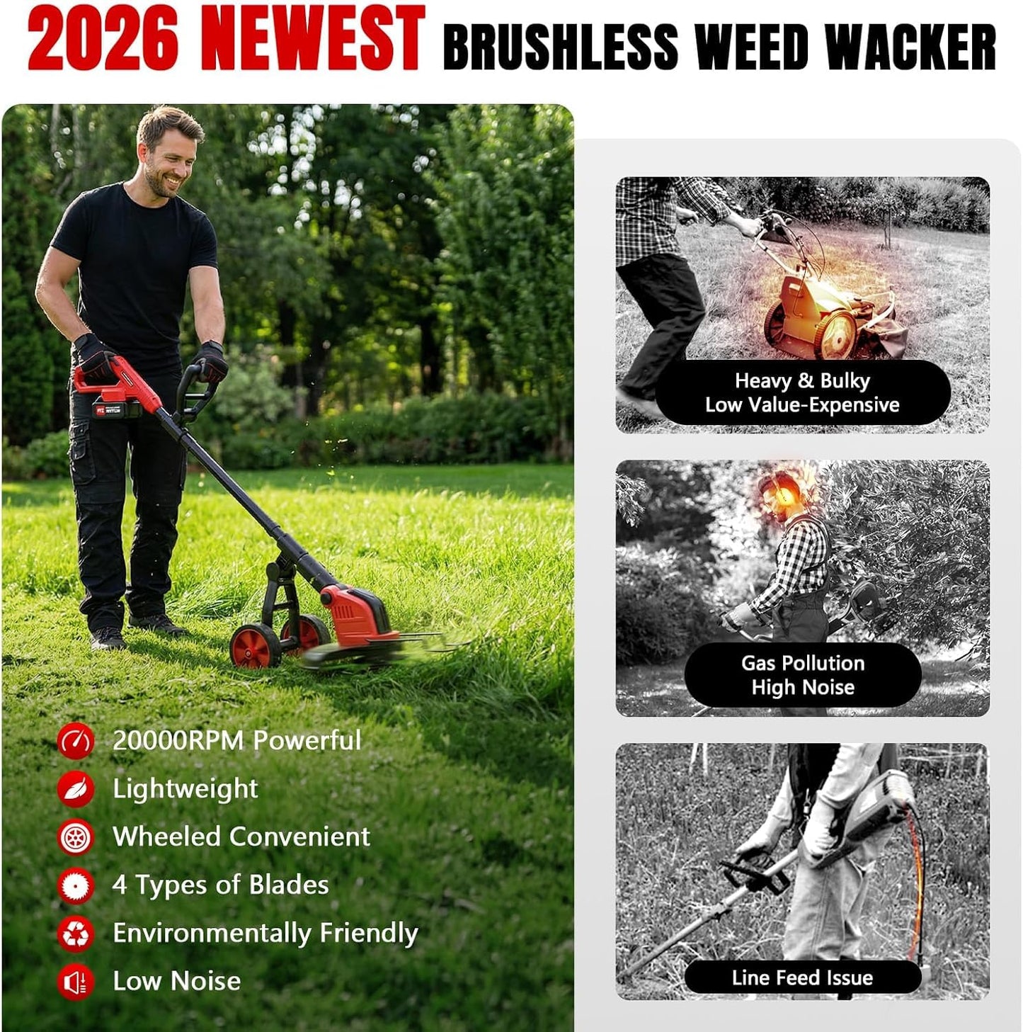 6000mAh Electric Weed Eater Battery Powered,12″ Brushless Electric Weed Wacker Cordless Wheeled String Trimmer,4 in 1 Grass Trimmer/Brush Cutter/Grass Edger/Weed Trimmer 5 Blade, 2 Battery (Red)