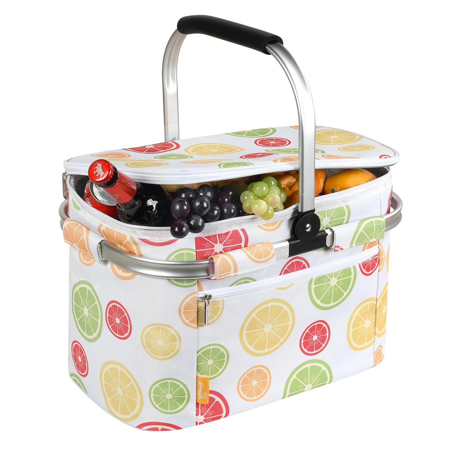 Tirrinia Large Insulated Picnic Basket, 34L Water Resistant & Leakproof Collapsible Portable Cooler Basket Set with Aluminium Handle for Travel, with a Free Foldable Grocery Bag, Yellow Lemon
