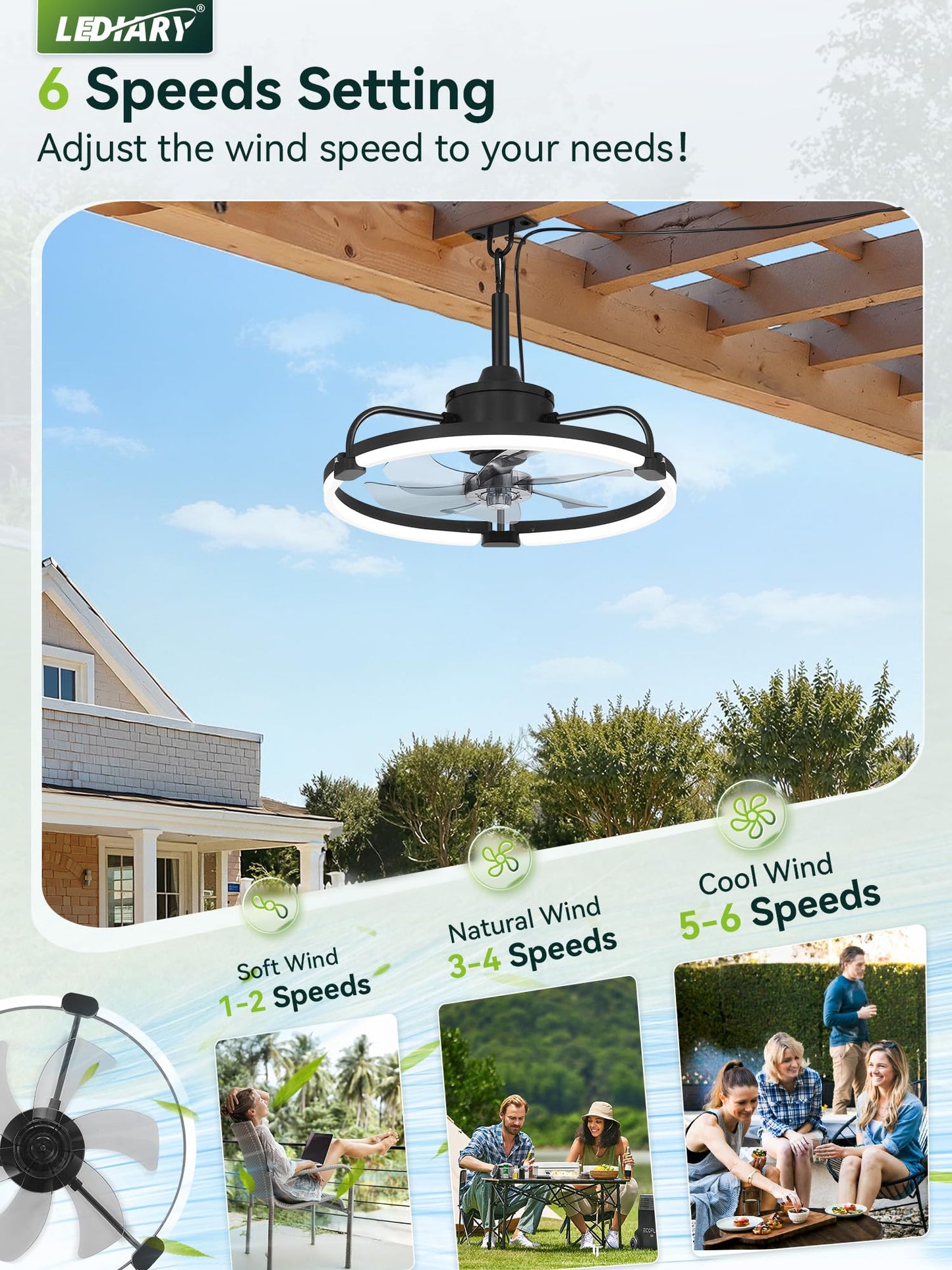 LEDIARY 20" Outdoor Ceiling Fan with Lights, IP65 Waterproof Gazebo Fan with Hanging Hook, Plug-in Ceiling Fan Remote&APP Control, 3CCT Dimmable, 6-Speeds, Caged Ceiling Fan for Gazebo,Patio,Pergola