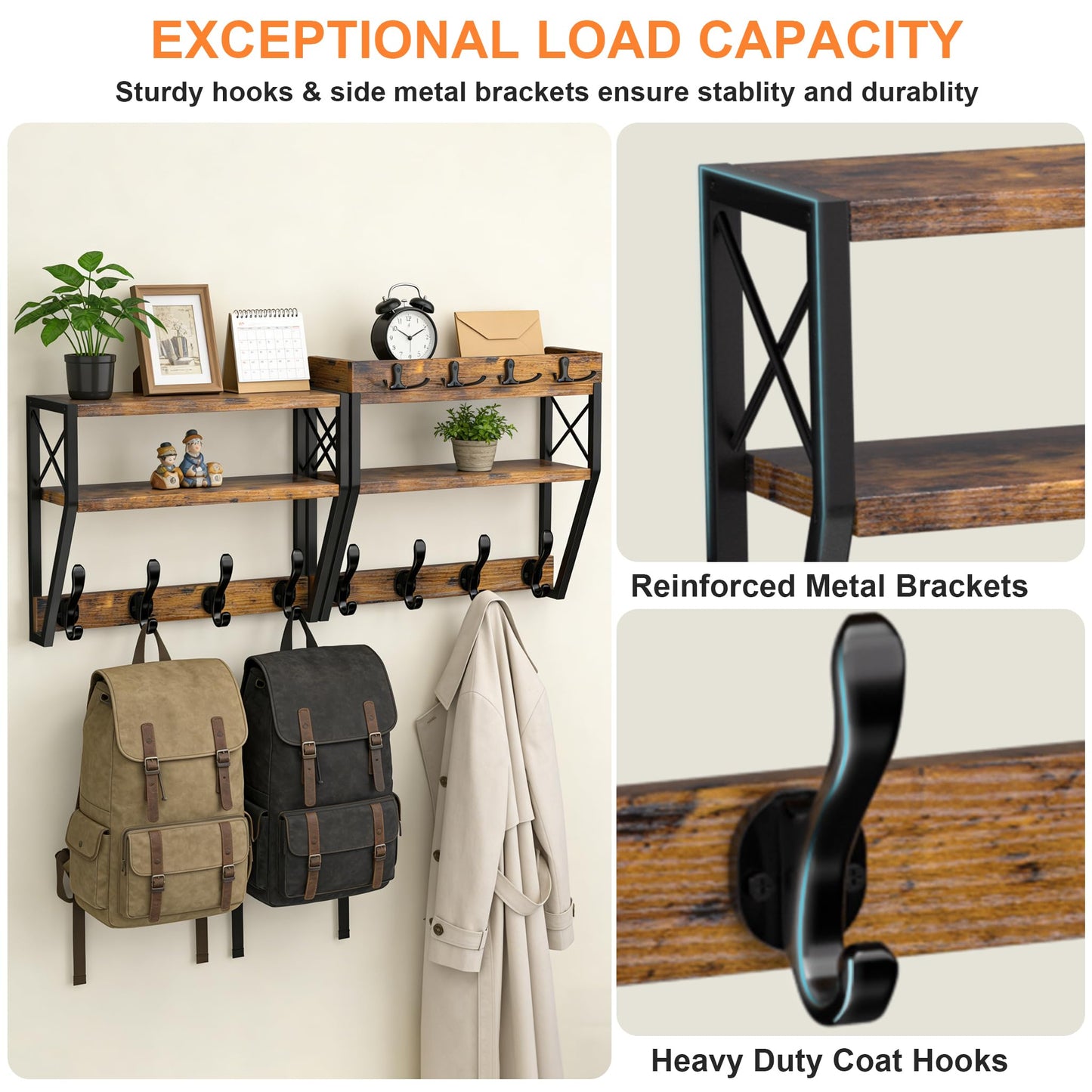 Dhmkfly Upgraded 32-inch Coat Rack Wall Mount with Shelf, 4 in 1 Versatile Coat Hanger Key Holder Wall Mount, 3-Tier Entryway Wall Shelf with 12 Hooks and Mail Holder for Living Room Bedroom Bathroom