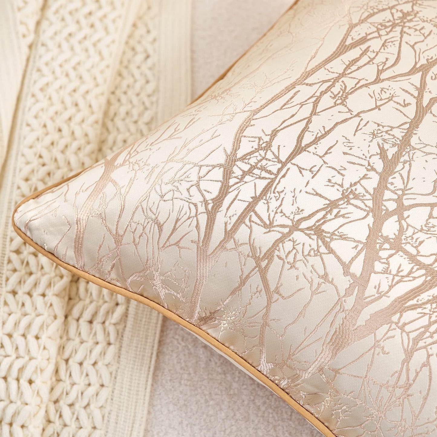 Avigers 20 x 20 Inch Square Beige Brown Gold Tree Branch Embroidery Cushion Case Luxury Modern Throw Pillow Cover Decorative Pillow for Couch Living Room Bedroom Car