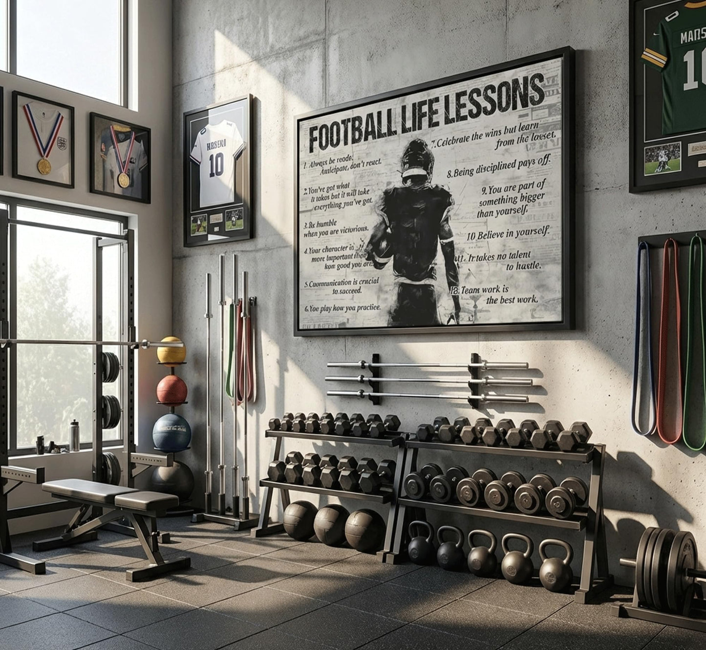 Framed Fotball Sports Canvas Wall Art Football Life Lessons Wall Decor Picture Inspirational Quotes Motivational Boy Poster Print Painting for Gym Bedroom Living Room Decoration Prepare To Hang