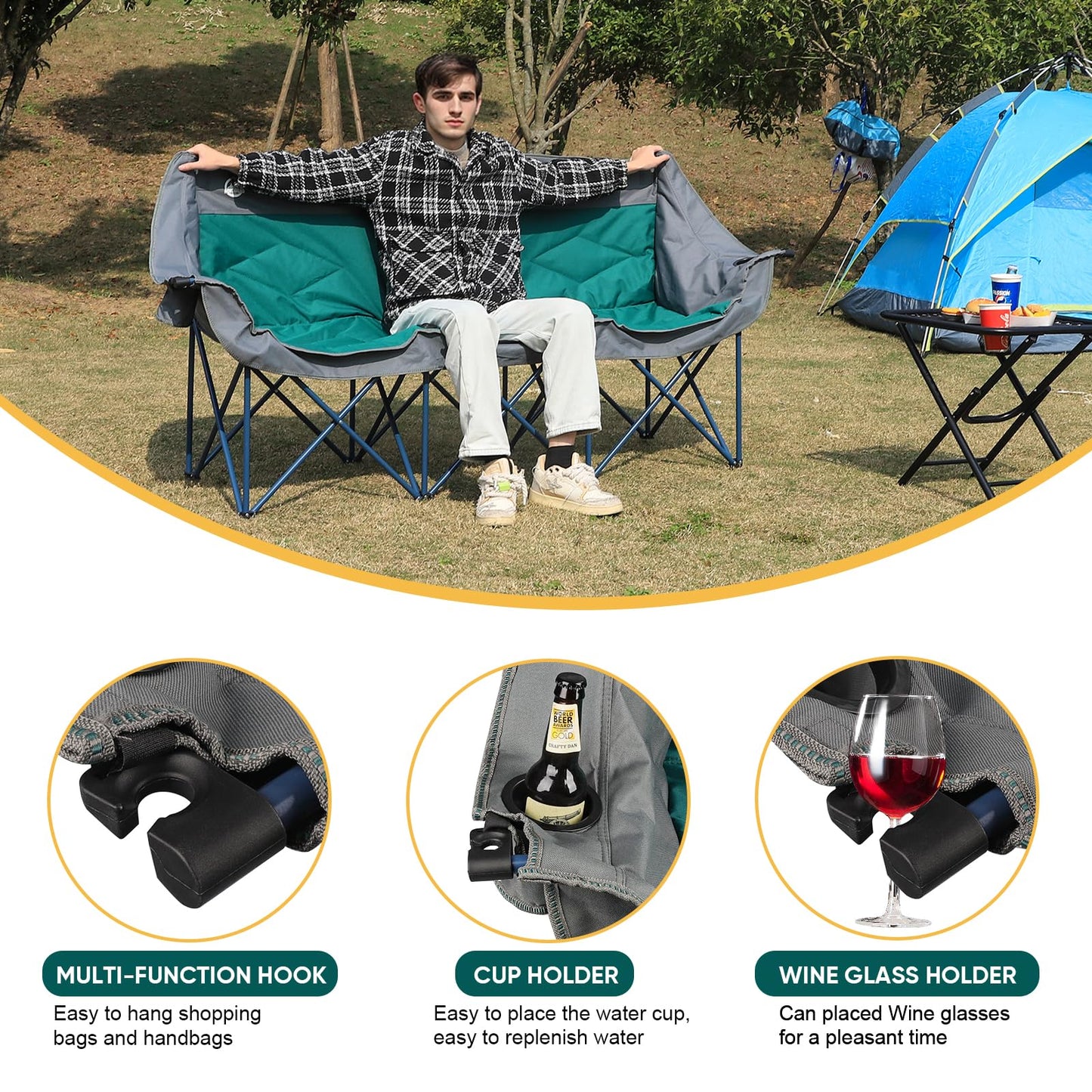 Northroad 3 Person Camping Chair Oversized 900 Lbs Outdoor Lawn Loveseat Chair Padded Folding Chairs for Adults Heavy Duty Soccer Chair w/Cup & Wine Glass Holder for Outside Picnic, Beach, Sports