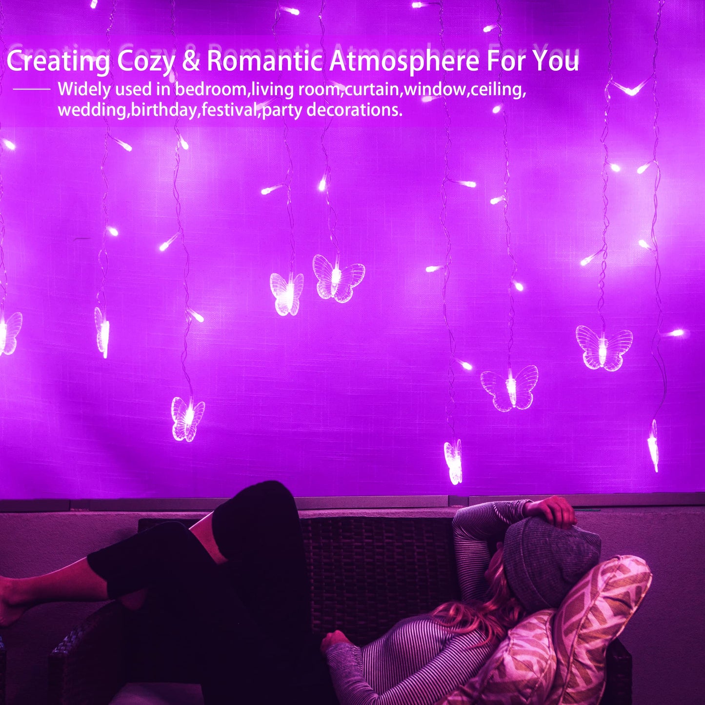 Purple Butterfly Curtain Fairy Lights USB Plug in,120 LED 8 Modes 20FT Firefly Twinkle Icicle String Lights with Remote Timer Waterproof for Halloween Bedroom Christmas Wedding Party Dorm