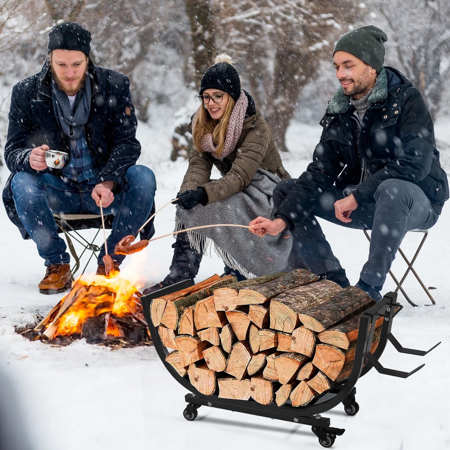 Freudeere 34 Inch Firewood Rack Outdoor Indoor with Handle and Lockable Wheels, Stable Metal Wood Rack Heavy Duty Log Holder for Fireplace Patio Deck, Rustproof Firewood Storage Organizer Tool