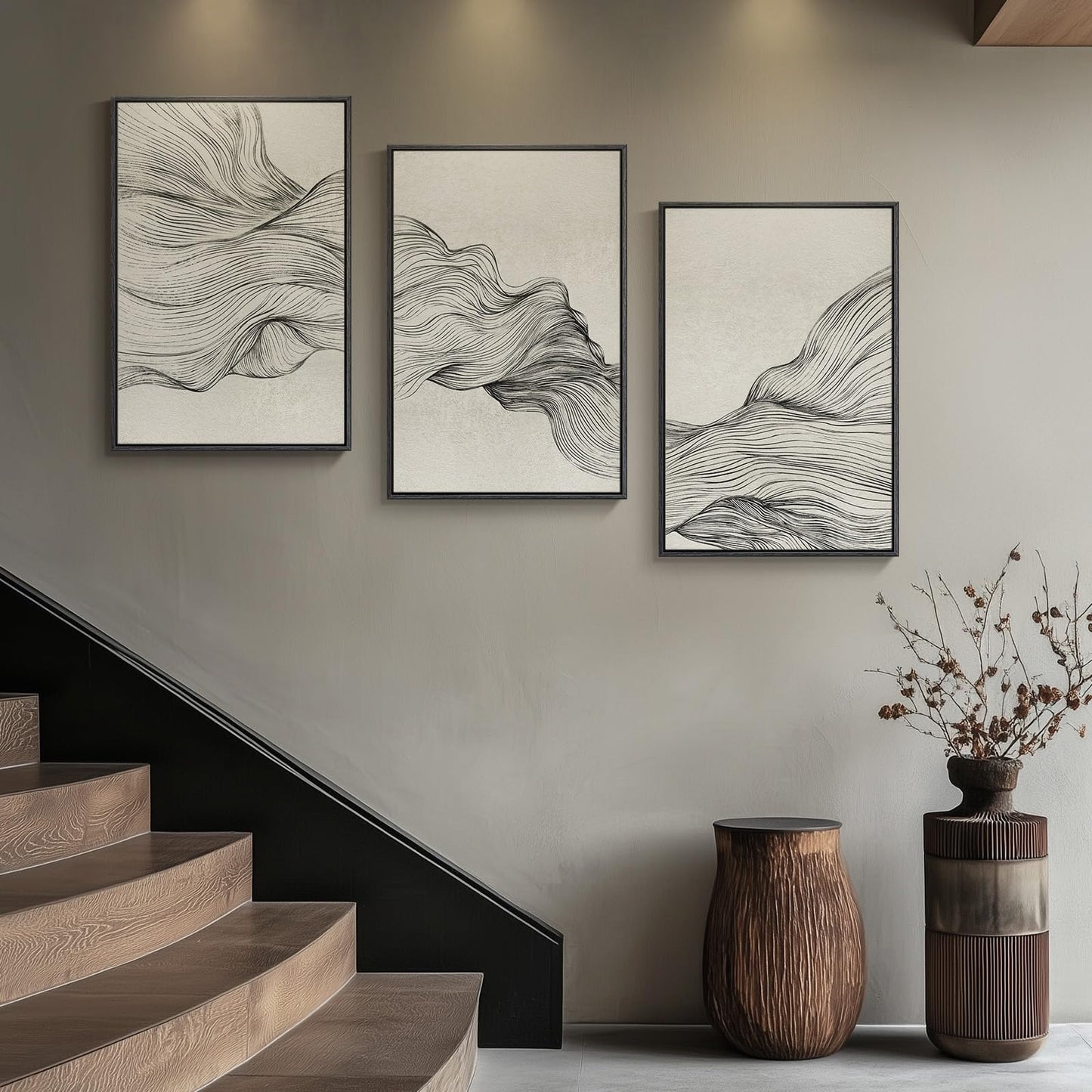 Large Framed Neutral Modern Abstract Wall Art, 3 Piece Black and Beige Canvas Prints Paintings Artwork for Walls, Minimalist Line Pictures for Living Room Hallway Office Wall Decor -Total 30x60 Inch