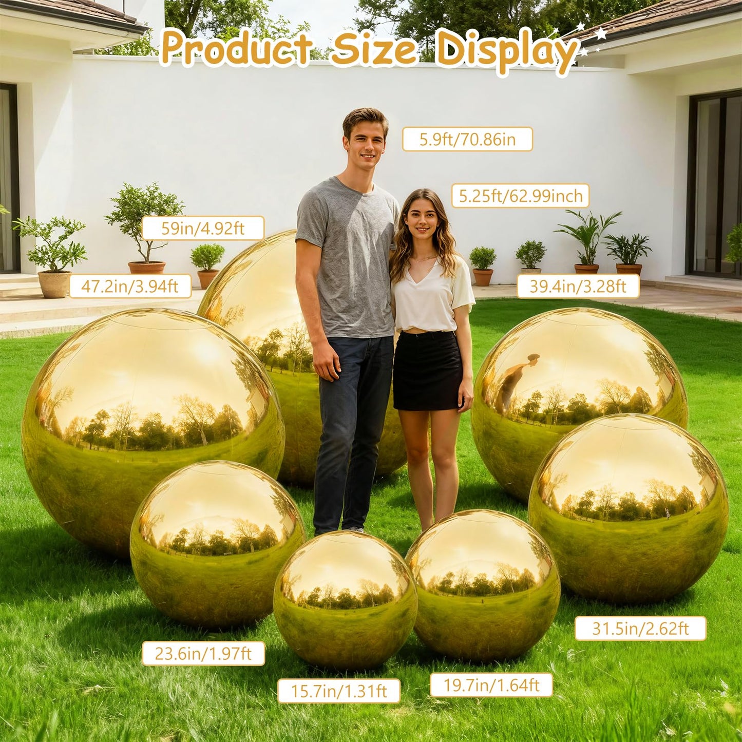 Gold Inflatable Mirror Ball 4pcs - Reusable Holiday Outdoor Balls Include Electric Pump, Reflective Hanging Big Mirror Ball Decor Bubble for Large Event Decoration, Party, Wedding