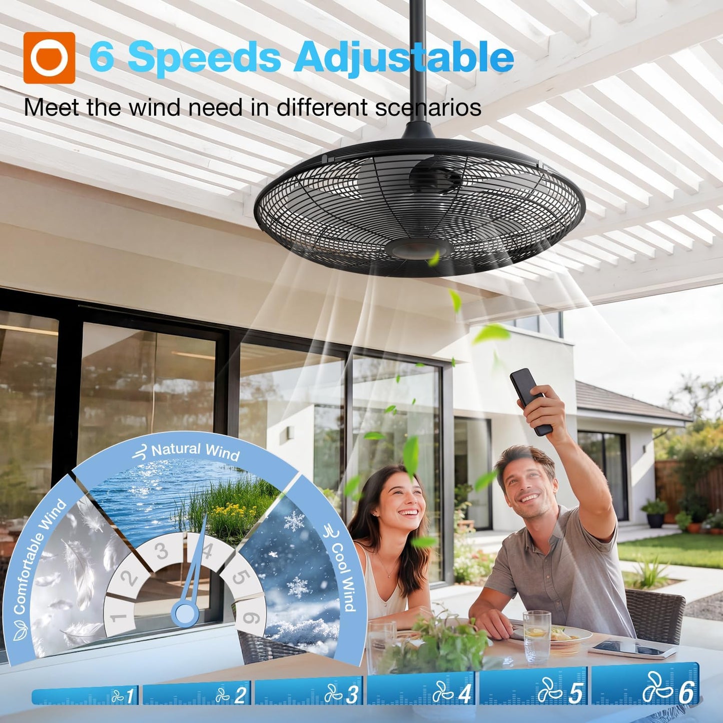 addlon Outdoor Fans for Patios, 20 inch IP65 Waterproof Gazebo Fan Remote&APP Control, 6 Speeds, Quiet, DC Motor, Plug in Ceiling Fan with Hook Hanging Caged Fan for Pergola Porch Canopy Backyard