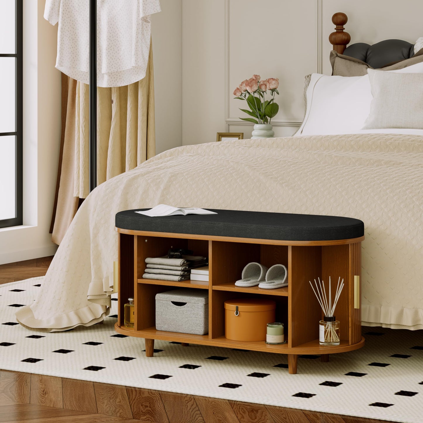 DHH 2-Tier Storage Bench,Wide Shoe Bench with Thickened Padded Seat Cushion, Mid Century Modern Fluted Sliding Door and Adjustable Shelf, for Entryway, Living Room, Bedroom (Yellow Walnut, 35.4“)