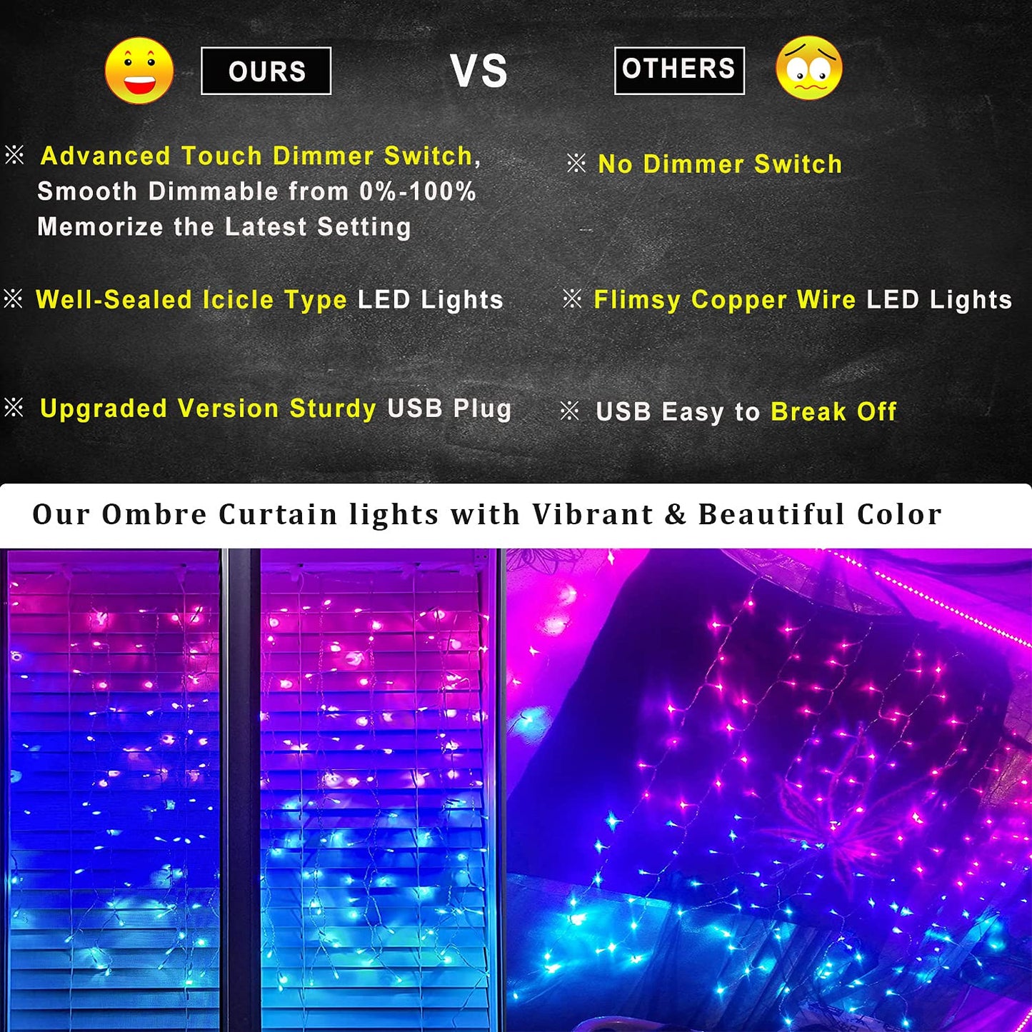 Pink Purple & Blue Ombre Fairy Curtain Lights with Dimmer Switch, Ombre Rainbow LED Icicle String Curtain Lights for Girls' Bedroom, Teen Room, Kids' Room, Wedding, Mother's Day, Mermaid Decor