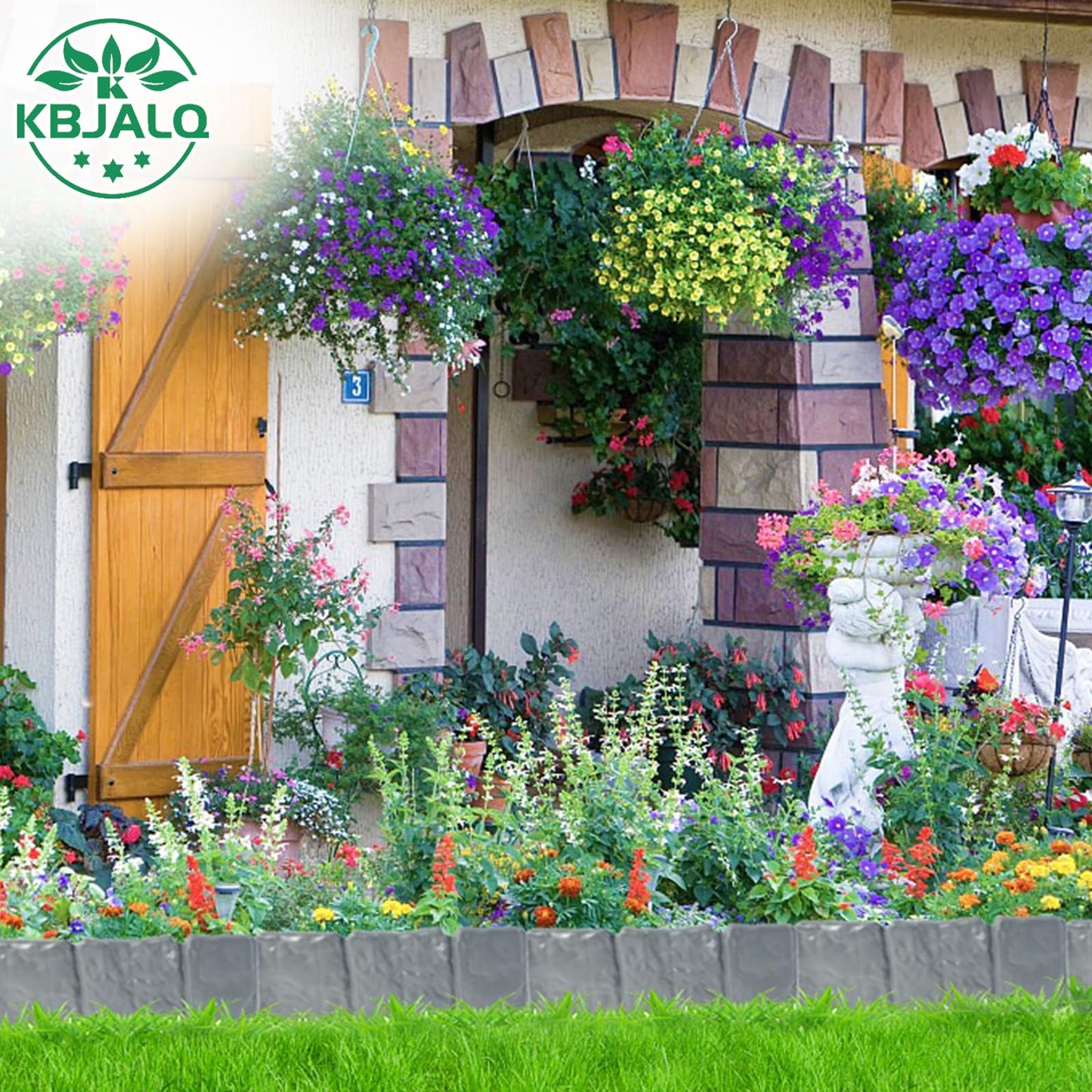 KBJALQ Garden Edging Border with Anchoring Spikes,Plastic Landscape Edging Border Imitation Stone Fence for DIY Outdoor Yard Landscaping (20pcs/16 FT, Gray)