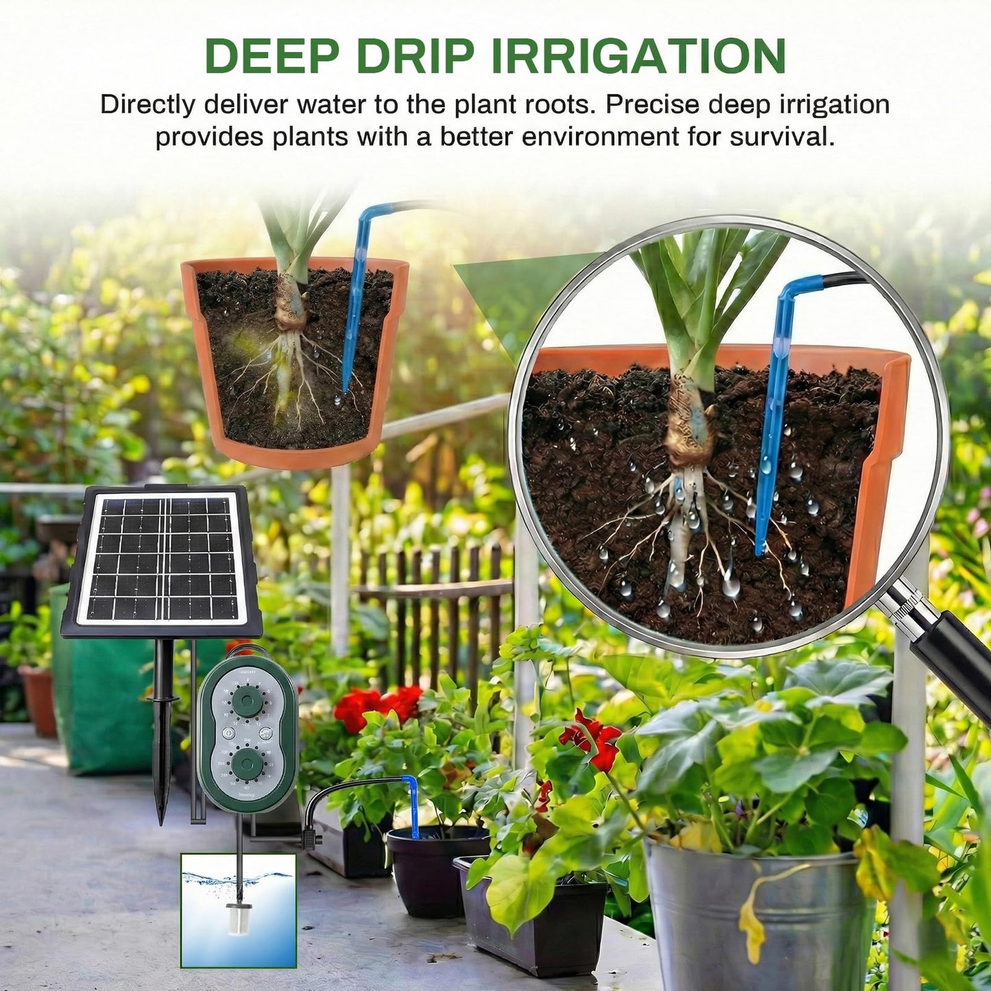 50FT Solar Automatic Drip Irrigation Kit System, Smart Self-Watering System with USB Charging for Outdoor Indoor Use, 2200mAh Automatic Watering System Supports 15 Pots for Garden, Balcony & Patio