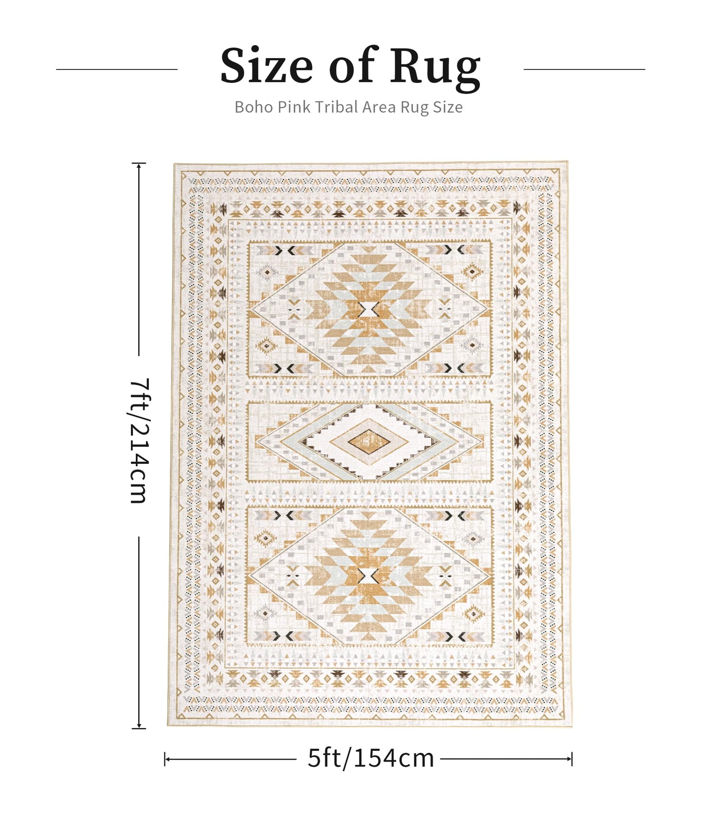 Boho Farmhouse Area Rug 5x7, Washable Tribal Rug for Bedroom, Non-Slip Medallion Rugs for Living Room Dining Room, Entryway (Beige/Yellow, 5'x7')