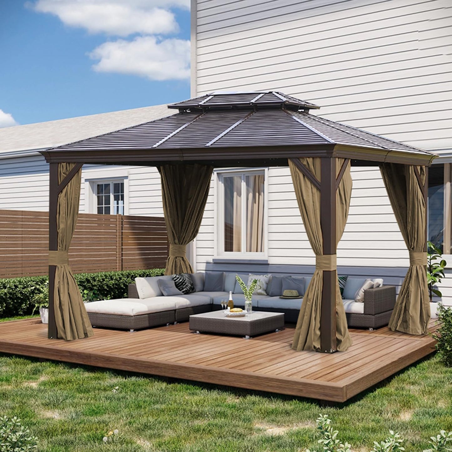 slashome 10'x12' Gazebo Curtains Outdoor Waterproof, Khaki Universal Replacement Curtain 4-Panels, Sidewalls with Zipper for Garden, Patio, Yard (Only Curtains)