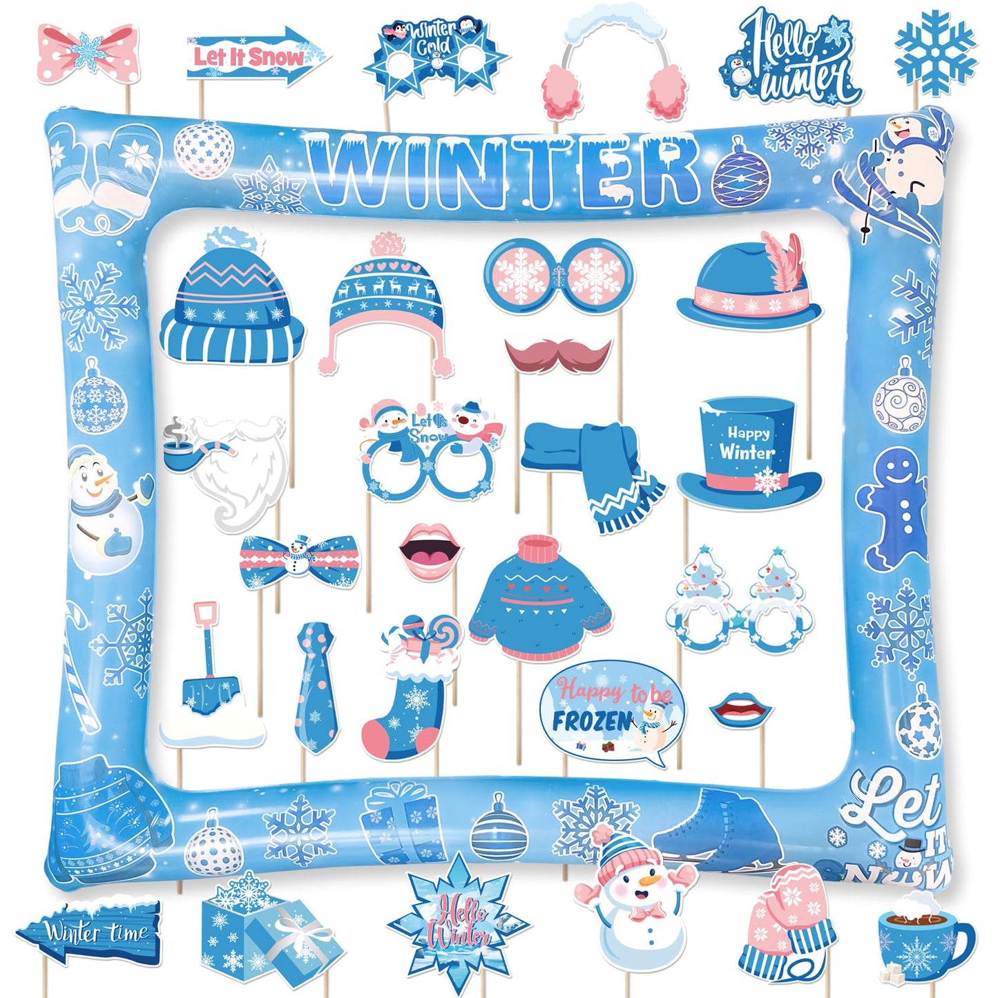 Winter Photo Booth Props Inflatable Frame, 30Pcs Winter Wonderland Photo Props with Inflatable Picture Frame Large for Frozen Holiday Party Selfie Supplies