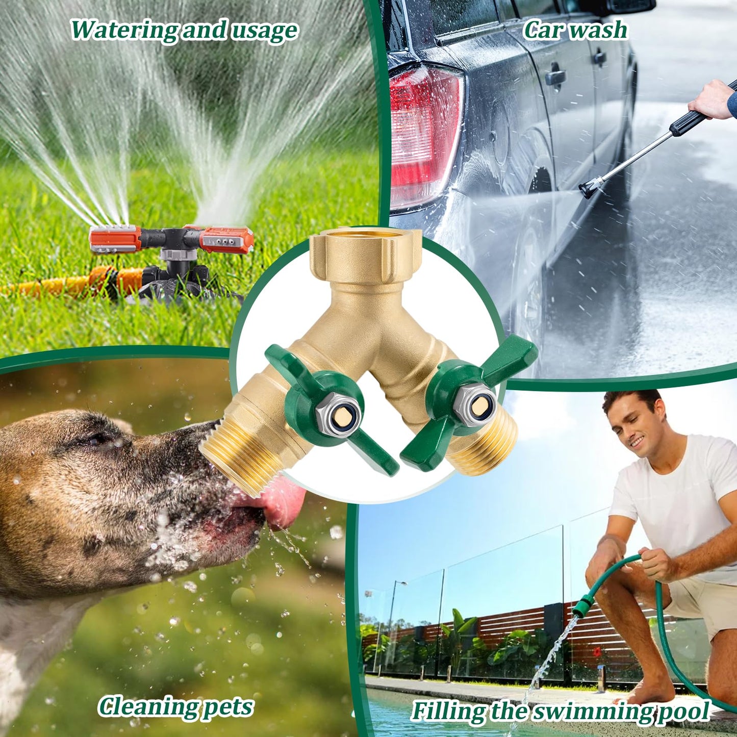 Garden Hose Splitter 2 Way, Heavy Duty Brass Hose Splitter, 3/4" GHT Hose Y Splitter with Shutoff, Full Flow Outdoor Faucet Splitter, Water Hose Y Valve Tap Adapter
