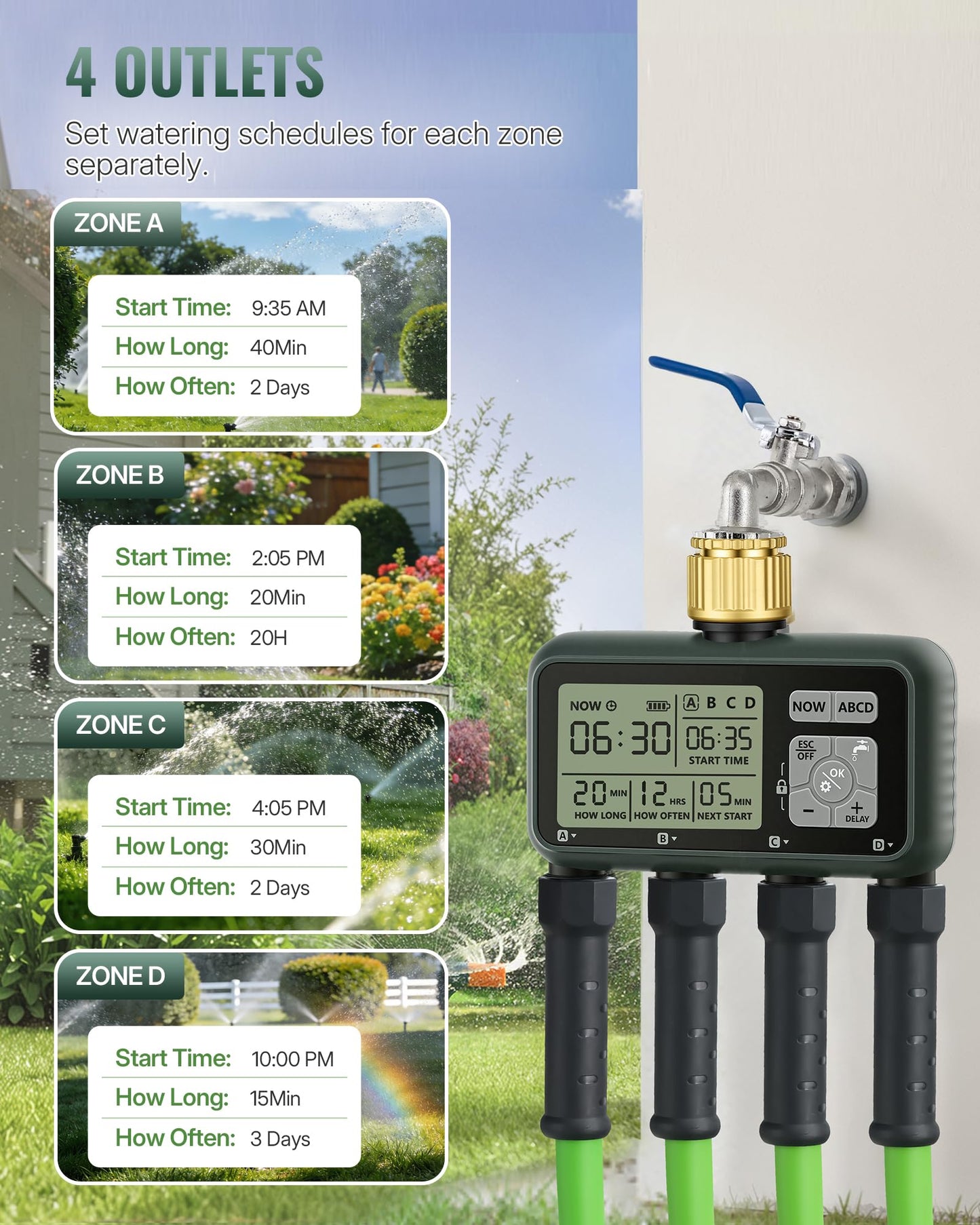 WILAWELS 4 Zone Brass Sprinkler Timer, Garden Hose Timer, Automatic Irrigation System, Programmable Faucet, 4 Outlets, with Rain Delay, Manual Mode,Child Lock, for Yard, Garden, Lawn, Green E14WT06