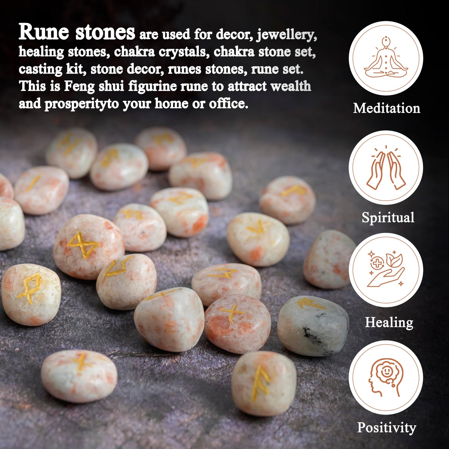 "Crocon Sunstone Rune Stones Set Engraved with Elder futhark Crystal Runes Set, Reiki Healing runas for Meditation Chakra Balancing, Rune Stone for Beginners with Crystal Guide & Pouch |15-20 mm"