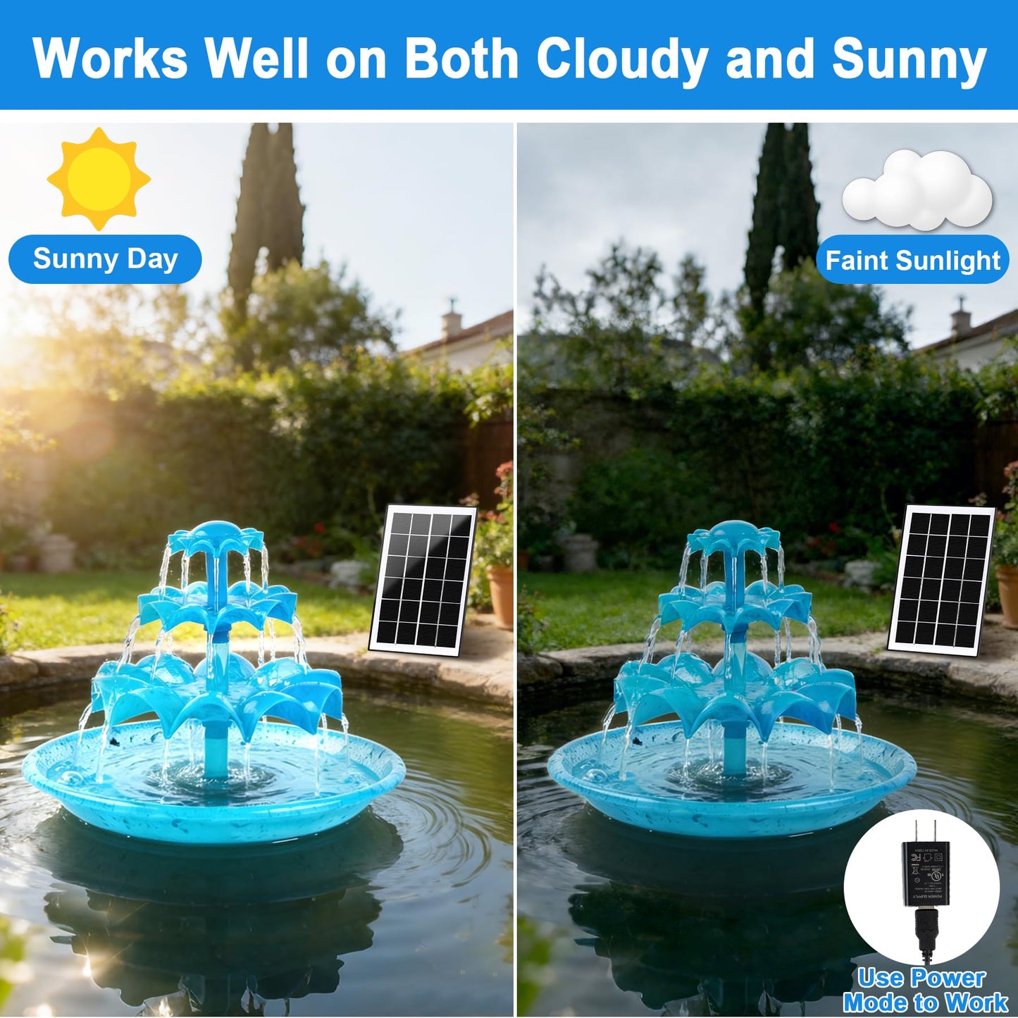 Yeomi 3-Tier Solar Fountain Pump with LED Lights, 24H Outdoor Water Feature, Detachable Design, Multi-Function Bird Bath Water Fountain for Garden Patio Yard Backyard Pond, 3.5W