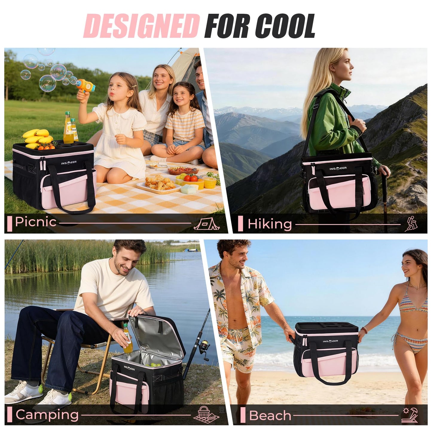 INSMEER Soft Cooler Bag with Hard Shell & 4 Cup Holders, 55 Cans 40L Collapsible Soft Sided Cooler, 100% Leakproof Insulated Cooler Bag Portable for Beach Travel Camping Picnic