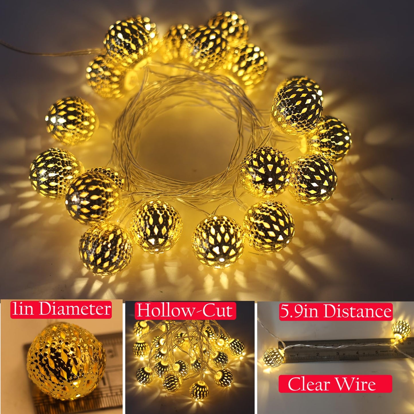 USB & Battery Operated Fairy Moroccan String Lights for Home Bedroom Decor, 9.8ft 20 LED Decorative Metal Gold Globe Lanterns 8 Modes Diwali Decoration for Christmas Birthday Boho Party (Warm White)