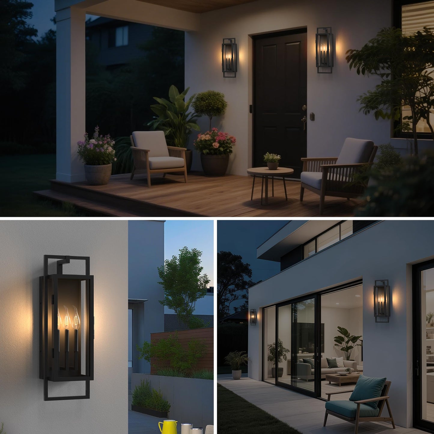 Lawyettle 26.38IN Porch Light Outdoor, Dusk to Dawn Wall Lantern with Tempered Glass, Waterproof Outside Light Front Porch Light 3-Light, Matte Black Front Open Window Wall Sconce for Patio