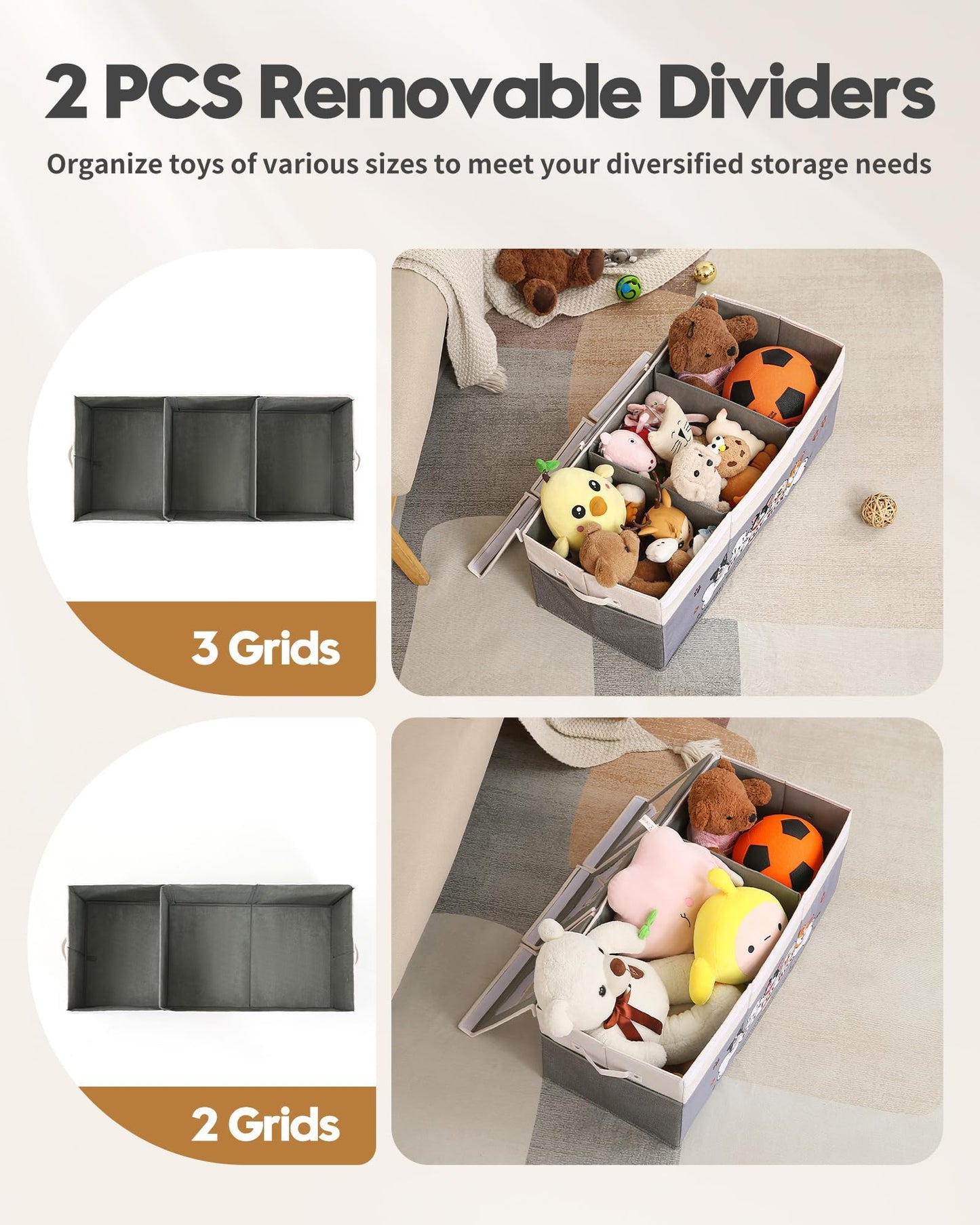Garlloupath Dustproof Dog Toy Box With Transparent Lid, 3 Grids Dog Toy Bin, Extra Large Storage Holder Container, Foldable Chest