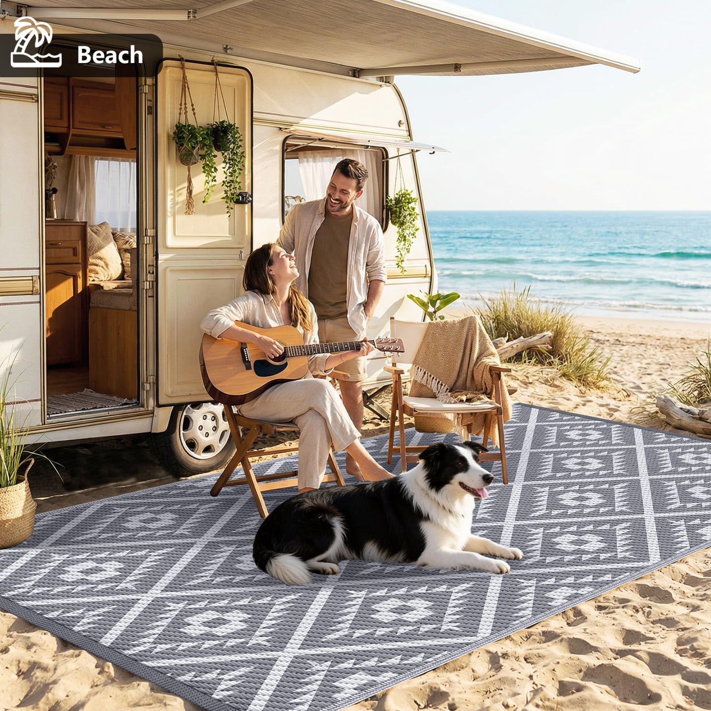 COOLTOP 8'x10’ Outdoor Rug for Patios Porches, Waterproof Plastic Camping Rugs, Modern Reversible Mat, Large Area Rugs for Backyard, Deck, RV, Balcony, Picnic, Beach, Grey & White