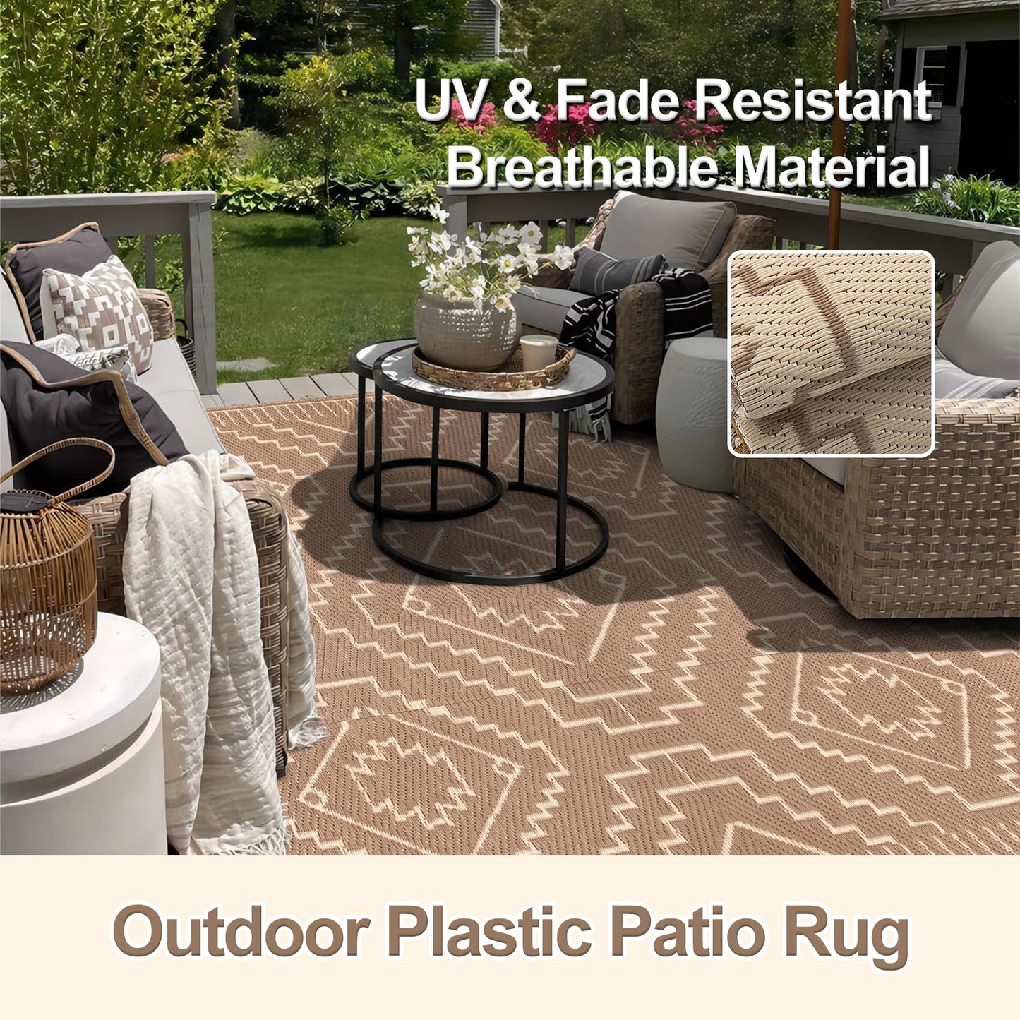 Wonnitar Outdoor Rugs 8x10 Waterproof Plastic Straw Rug, Large Outdoor Camping Rug for RV, Reversible Portable Outside Lightweight Area Rug for Backyard Balcony Beach Picnic (Beige & Brown,8'x10')
