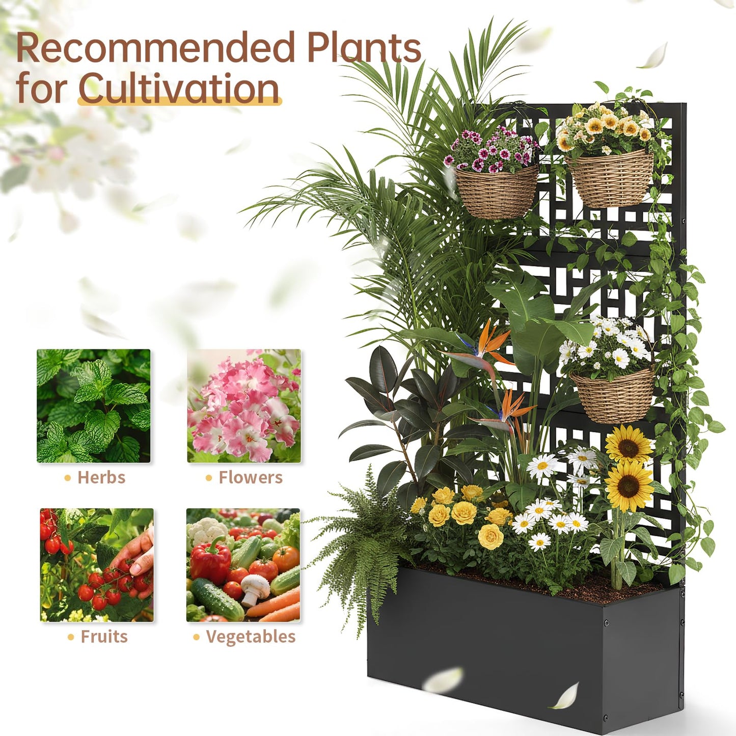 VINGLI 44" H Metal Raised Garden Bed with Trellis, Outdoor Planter Box for Climbing Vegetables, Fruits and Flowers, Privacy Screen, for Backyard, Patio, Balcony, Black (Rectangle)