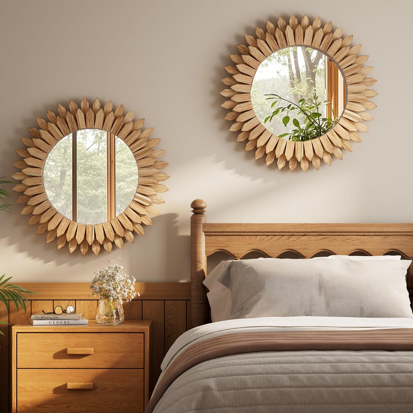 VETROVUE 24 Inch Brown Boho Wall Decor Sunburst Mirror - Round Wooden Wall Decor, Handmade Rustic Circular Mirror for Living Room, Bedroom, Entryway, Office