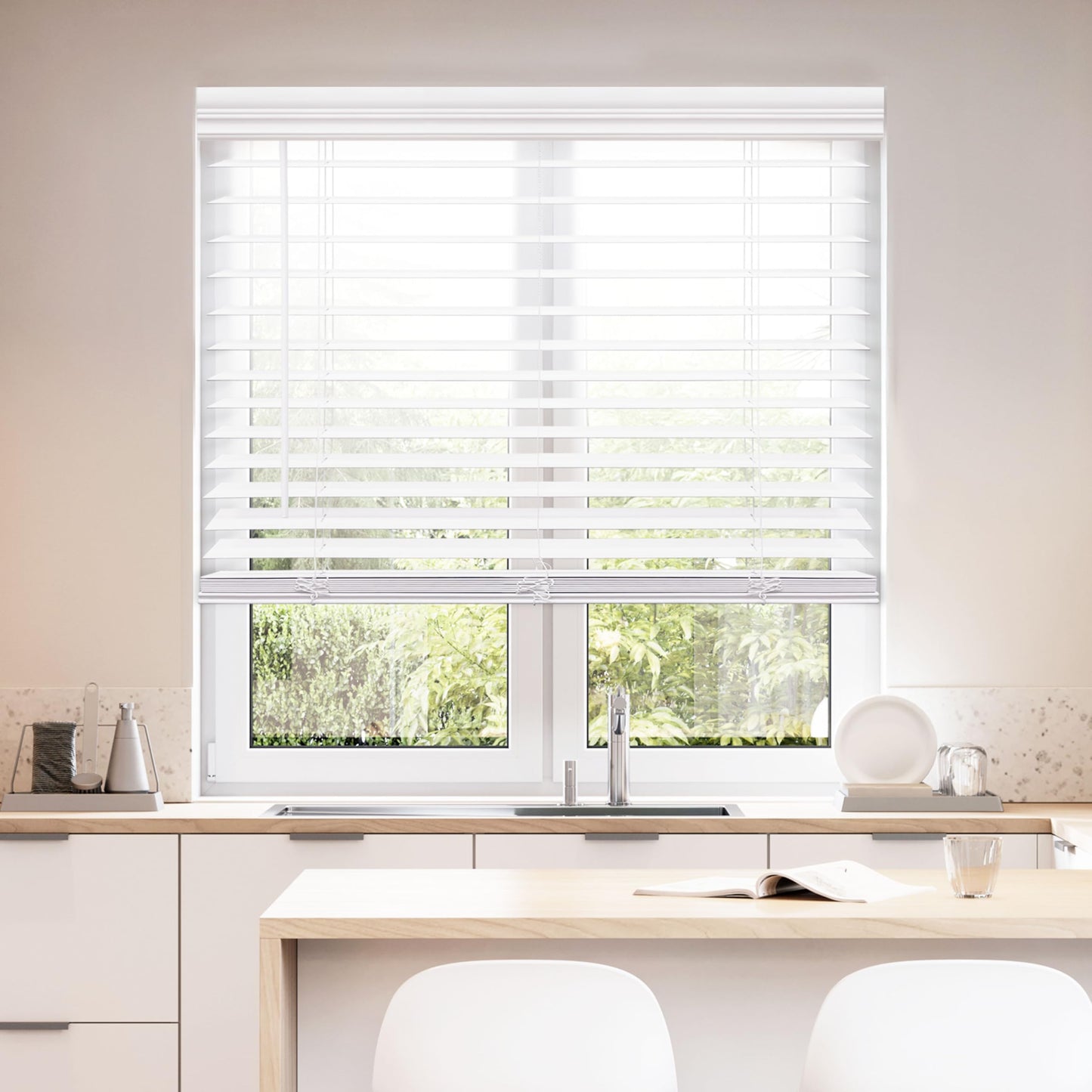 DEZ FURNISHINGS Cordless 2" Faux Wood Blind, 46.5" W x 48" H, White