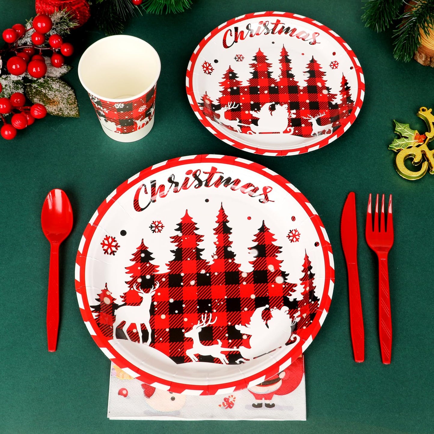 175 Pcs Christmas Paper Plates and Napkins Sets Santa Claus,Snowman,Reindeer Disposable Dinner Tableware Set With 7" Plate, 9" Plates, Napkins,Cups & Knife & Fork &Spoon Party Supplies Serve 25 Guests