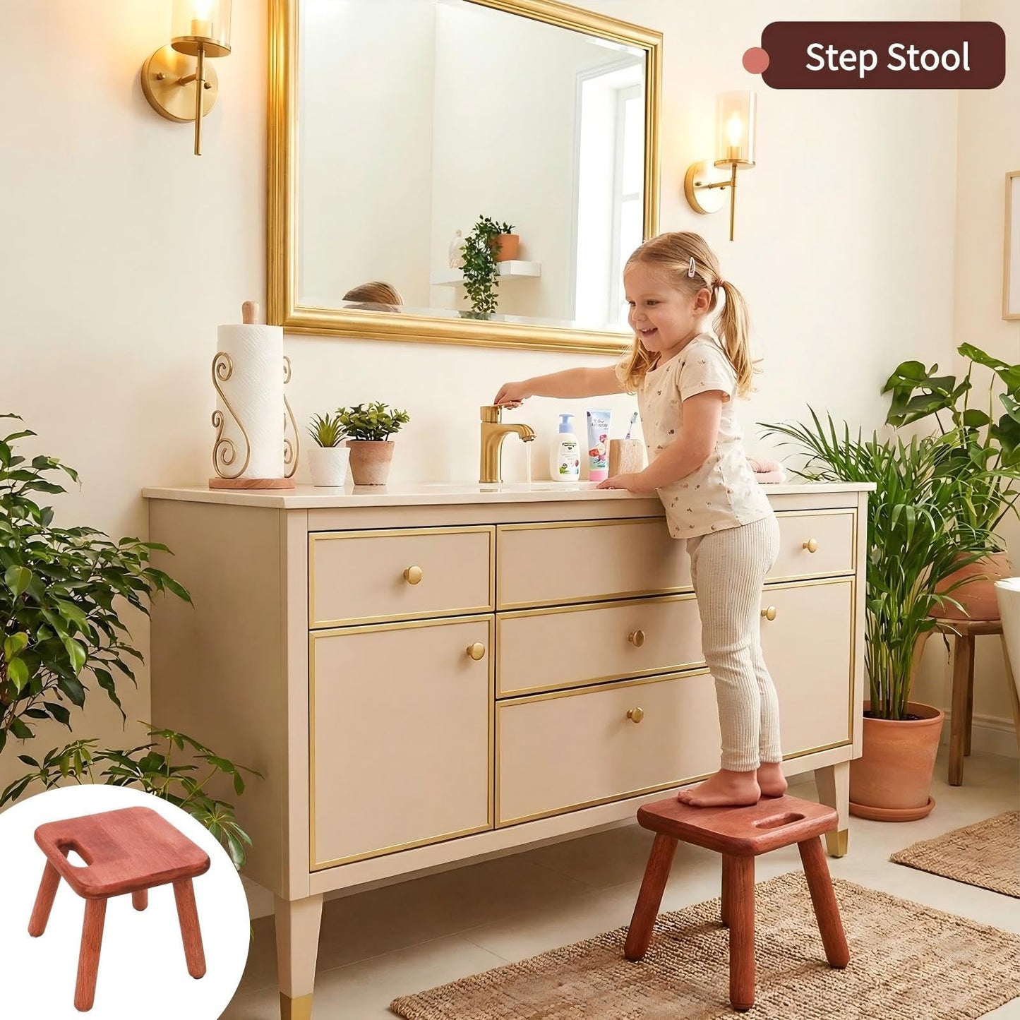 Mezchi 9'' Small Wooden Step Stool with Handle, Non-Slip One Step Stool, Square Portable Footstool, Solid Wood Sitting Stool for Plant, Adult, Kids, Bathroom, Bedroom, Walnut Color