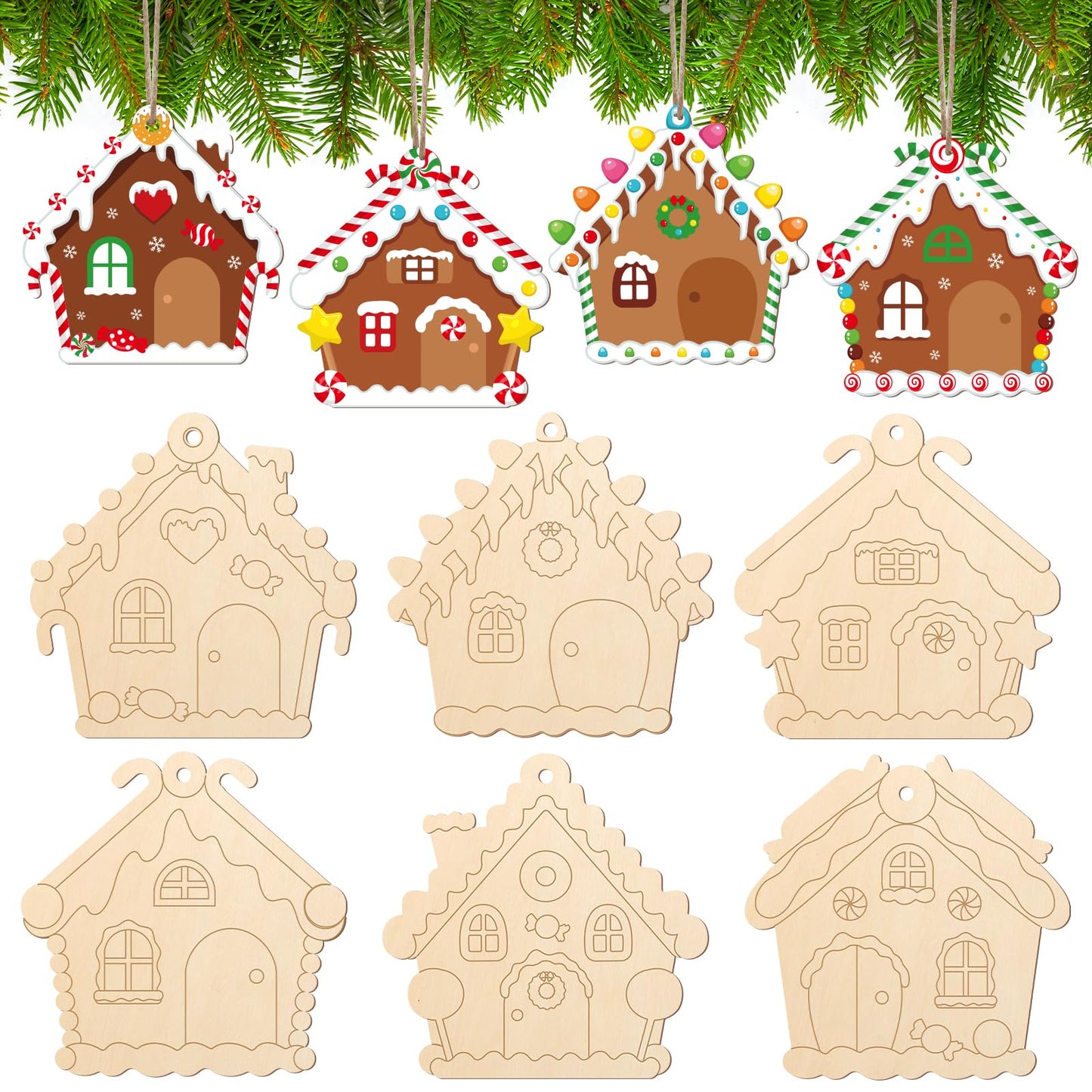 COCHIE Wooden Christmas Ornaments to Paint for Kids Adults Set of 24, Xmas Unfinished Wood Crafts for Painting, DIY Paintable Christmas Cutouts Slices for Craft with Ropes (Gingerbread House)