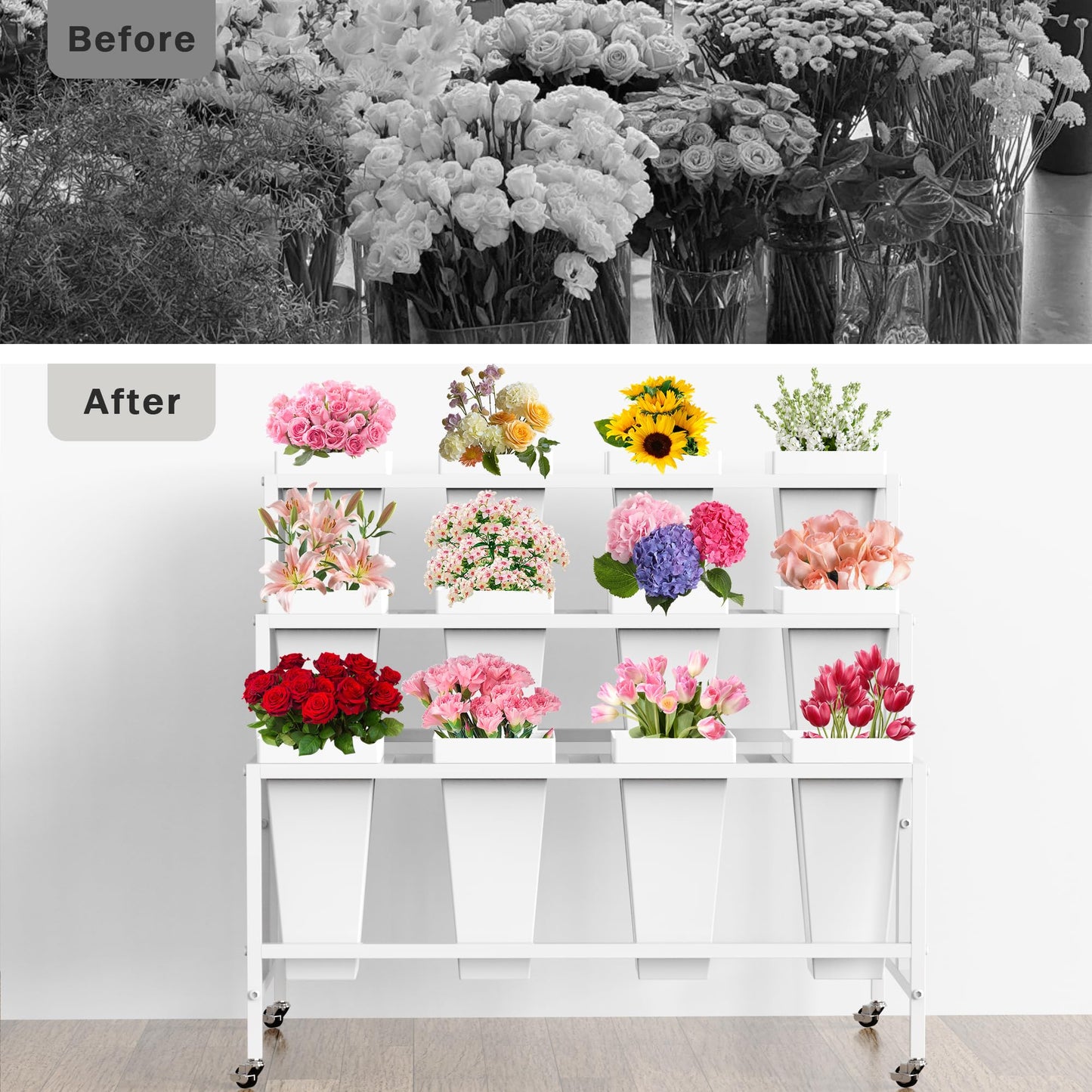 VGMiu Flower Display Stand with 12 Buckets, Flower Cart 3 Layers White Metal Flower Bar Stand with Wheels, Moving Florist Bouquet Shelf for Weddings Florist Indoor Outdoor Patio Garden Living Room