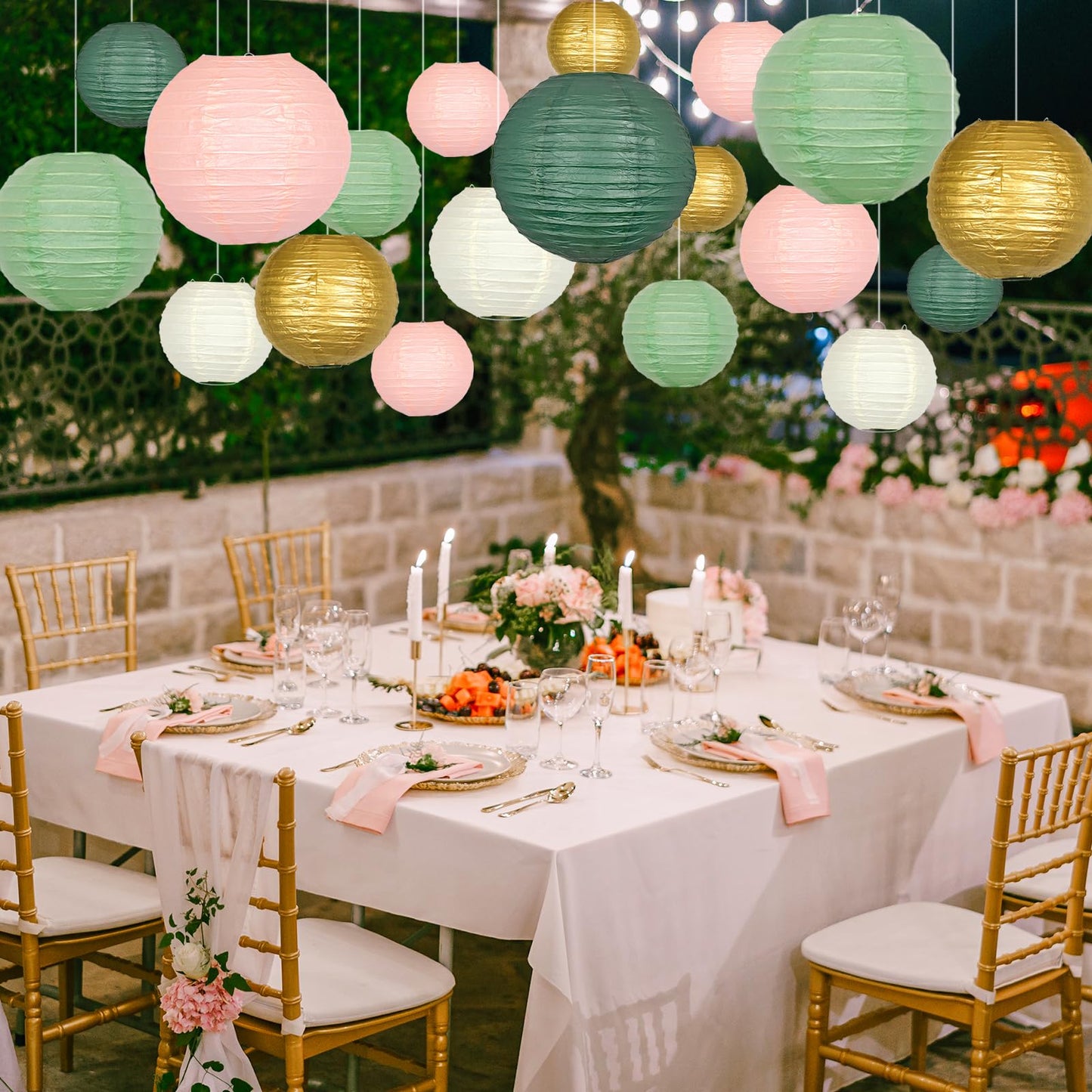 ADLKGG Paper Lanterns Decorative, Hanging Paper Lantern Decorations for Valentines Day Decorations Graduation Wedding St. Patrick's Day Neutral Baby Shower Home Decor Sage Green/Pink/Gold 21pcs