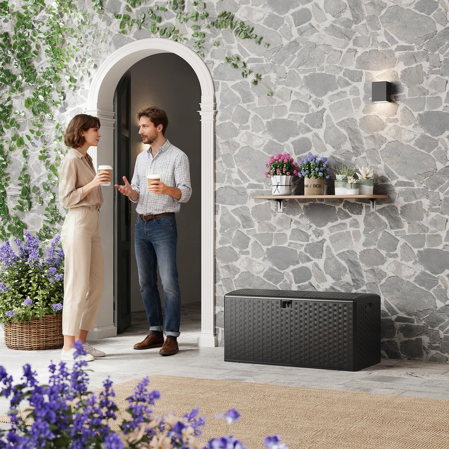 Garvee 100 gal Outdoor Storage Box, Lockable Plastic Deck Box with Lid, Waterproof & UV-Resistant Storage Bin for Patio Cushions, Garden Tools & Pool Accessories, Black