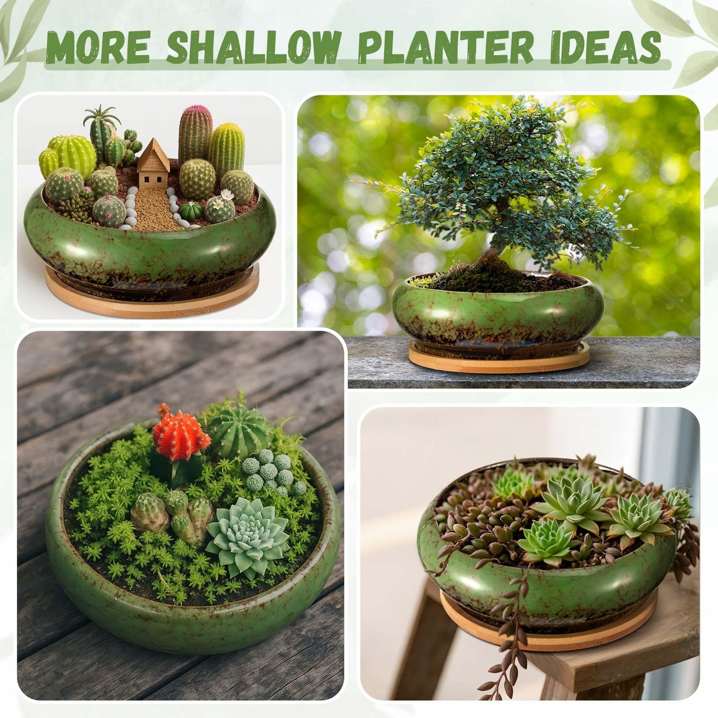 Acellegic 2 Pack 7.3 Inch Round Large Shallow Succulent Ceramic Planter Pots with Drainage Hole Drip Glazed Shallow Bonsai Pot with Bamboo Tray for Indoor Outdoor Plants Decor Cactus Flower