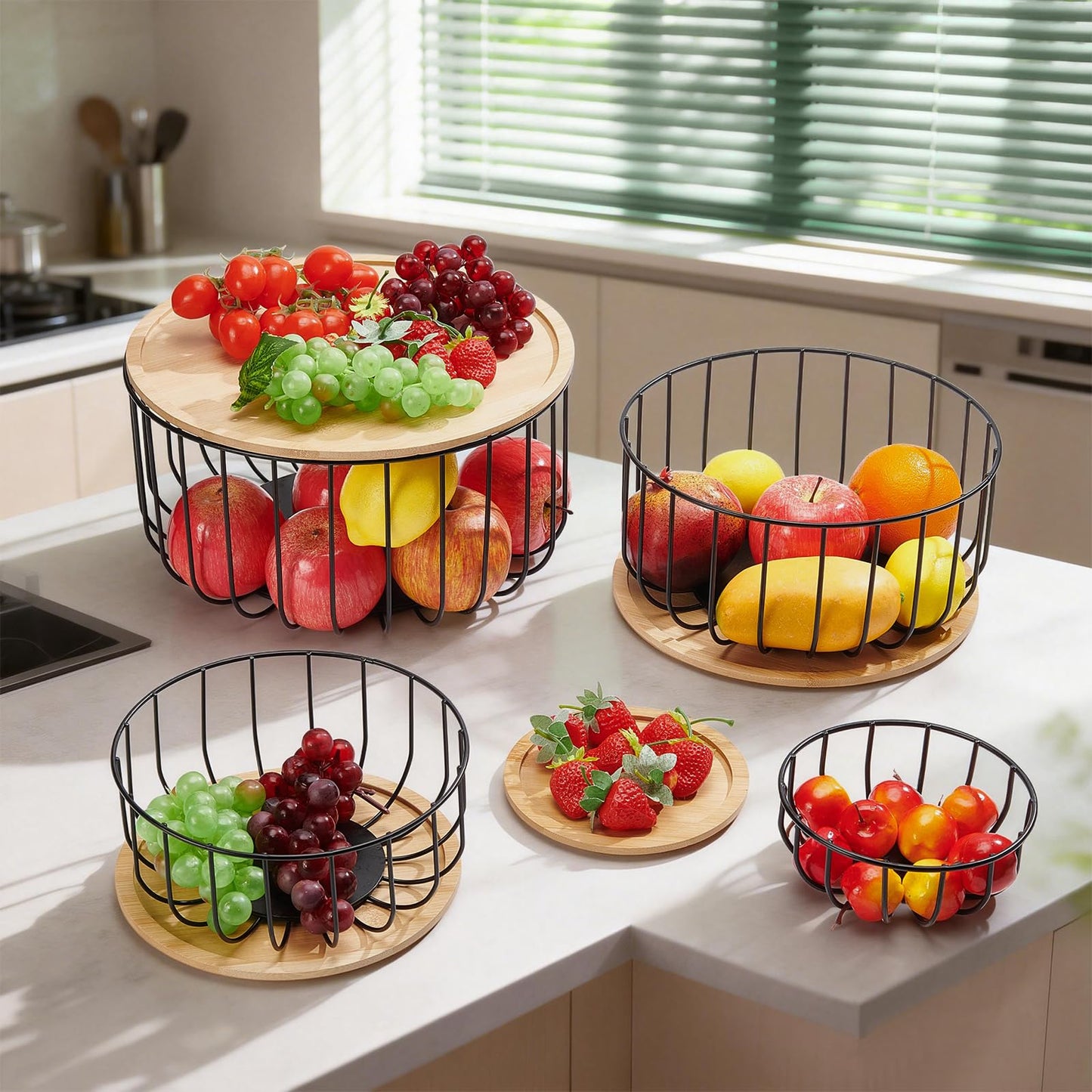 INTERWARM 4Pcs Fruit Basket for Kitchen Counter Set, 4 Size Round Fruit Basket with Wooden Lid Countertop Bin for Produce Fruits Lemon Banana Candy Snack in Office(Black)