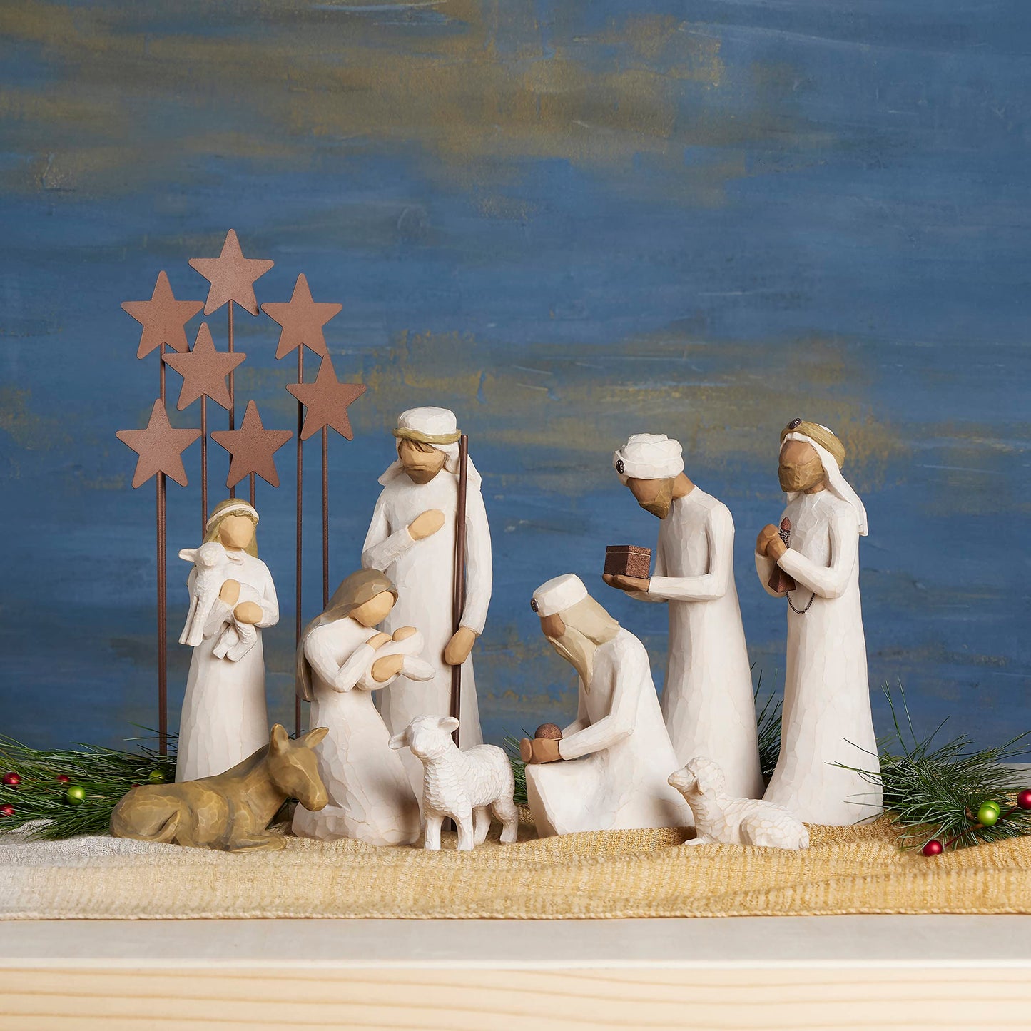 Willow Tree Nativity Starter Figures with The Three Wisemen Plus Metal Stars, 10-Piece Set