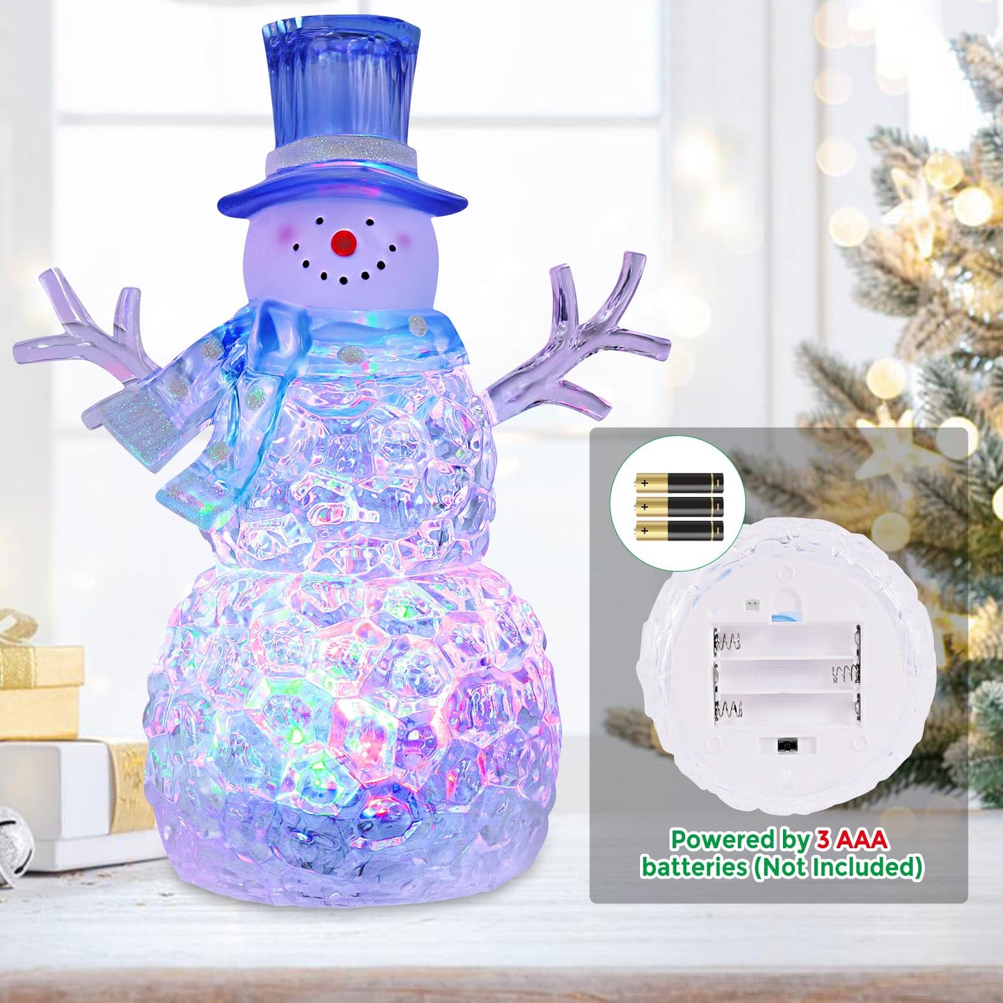 Snowman Christmas Decoration LED Lighted Snowman Figurines with 6H Timer 3 AAA Battery Operated Christmas Acrylic Snowman Decorations for Indoor Holiday Tabletop Decorations Gifts (Blue Hat)