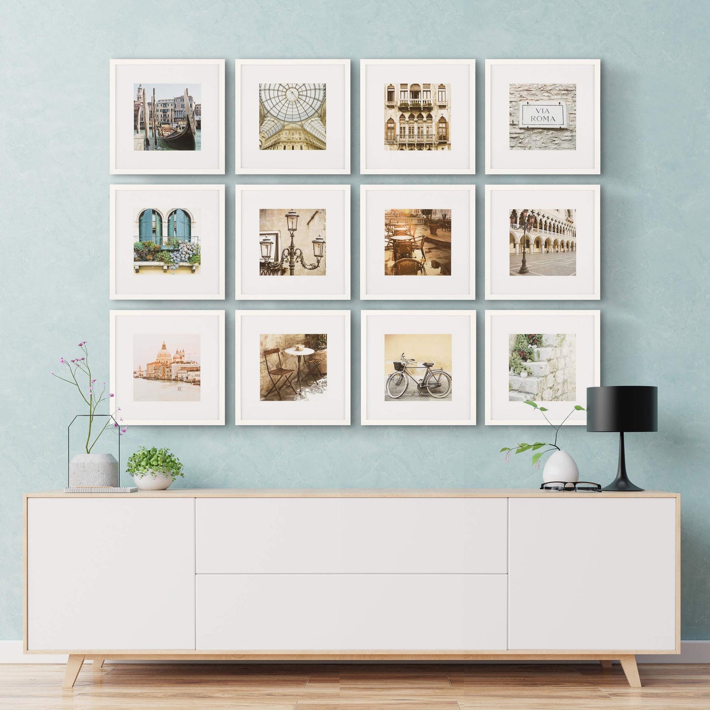 Gallery Perfect - 12-Piece White Square Photo Frame - Set with Hanging Template - Wall Gallery Kit - 16.5"x10.2"x16.7" - Square Wall Mount - Complete Set - Galley Wall - Picture Frame Set